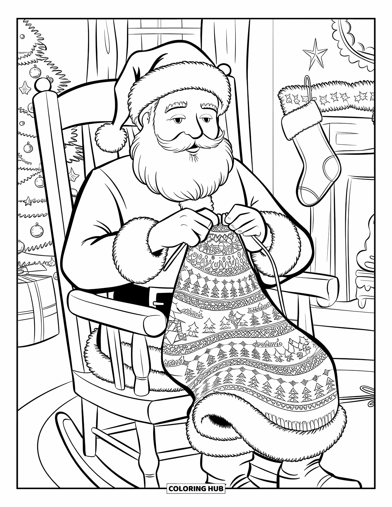 Kolorowanka z Mikołajem dla dorosłych: Mikołaj kołysze się w swoim fotelu, robiąc na drutach sweter wypełniony choinkami i płatkami śniegu