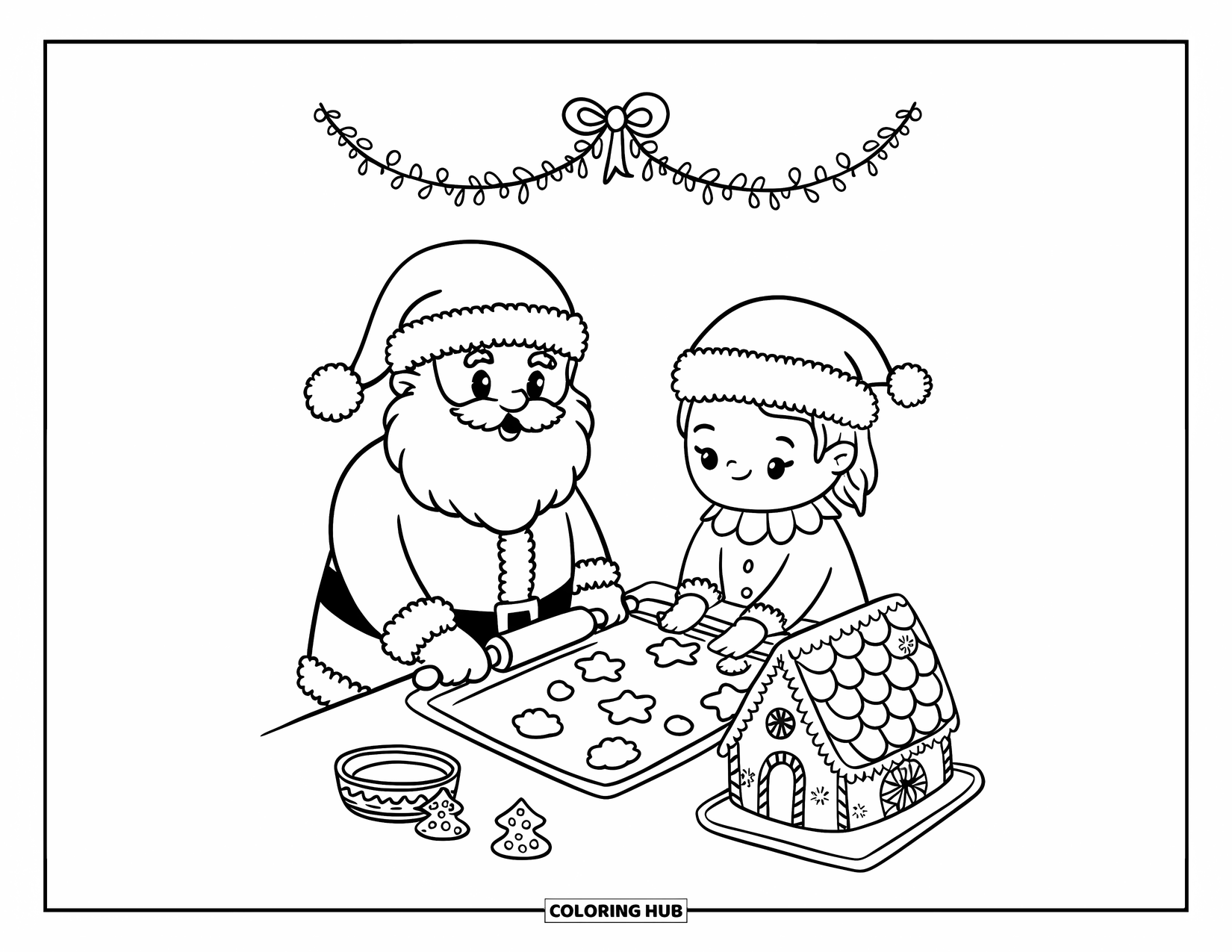 Kolorowanka z Mikołajem dla dorosłych: Mikołaj wałkuje ciasto, a elf ostrożnie układa ciasteczka na tacy