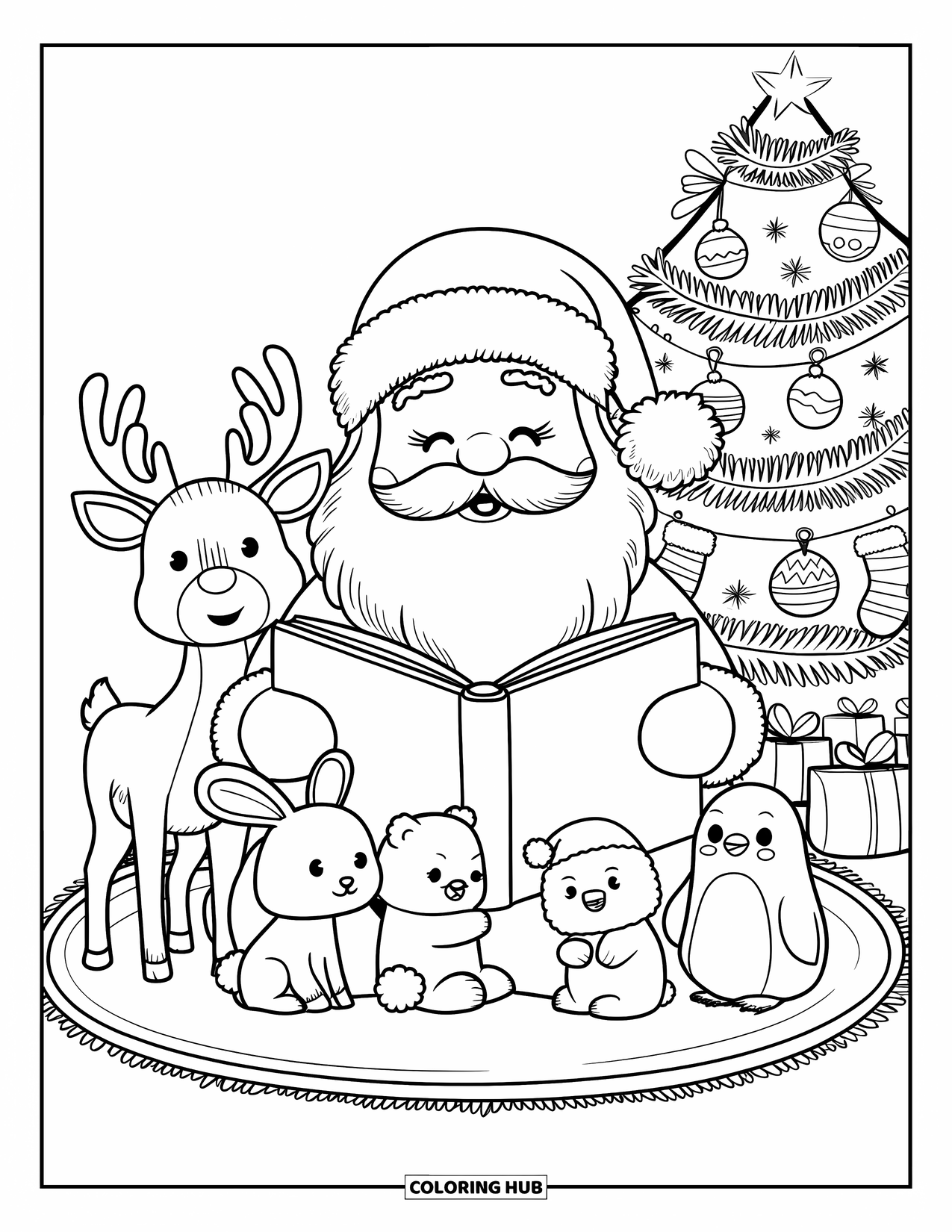Kolorowanka z Mikołajem dla dorosłych: Mikołaj dzieli się świąteczną historią z reniferem, króliczkiem, niedźwiedziem i pingwinem