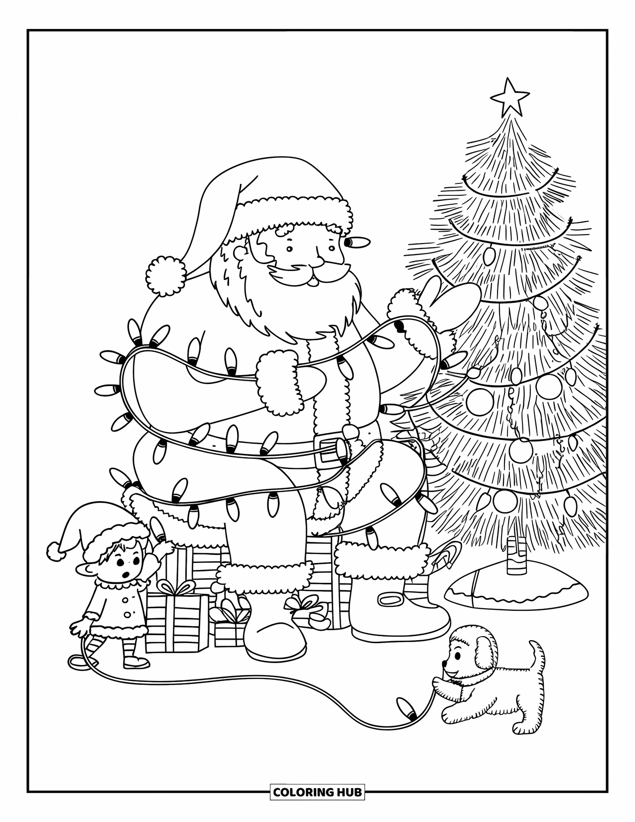 Kolorowanka z Mikołajem dla dorosłych: Mikołaj siedzi wśród prezentów, uwięziony w plątaninie świątecznych światełek i śmiechu