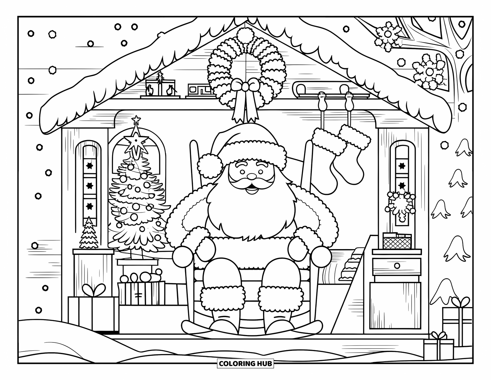 Kolorowanka z Mikołajem dla dorosłych: Mikołaj siedzi w przytulnej chatce, otoczony świątecznymi dekoracjami i płonącym kominkiem