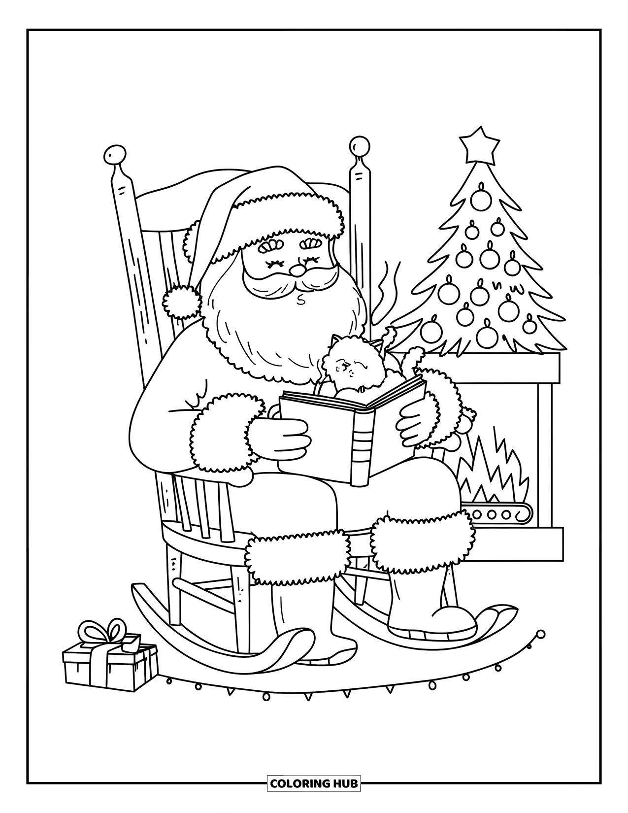 Kolorowanka z Mikołajem dla dorosłych: Mikołaj siedzi w swoim fotelu na biegunach, trzymając parujący kubek i świąteczną książkę
