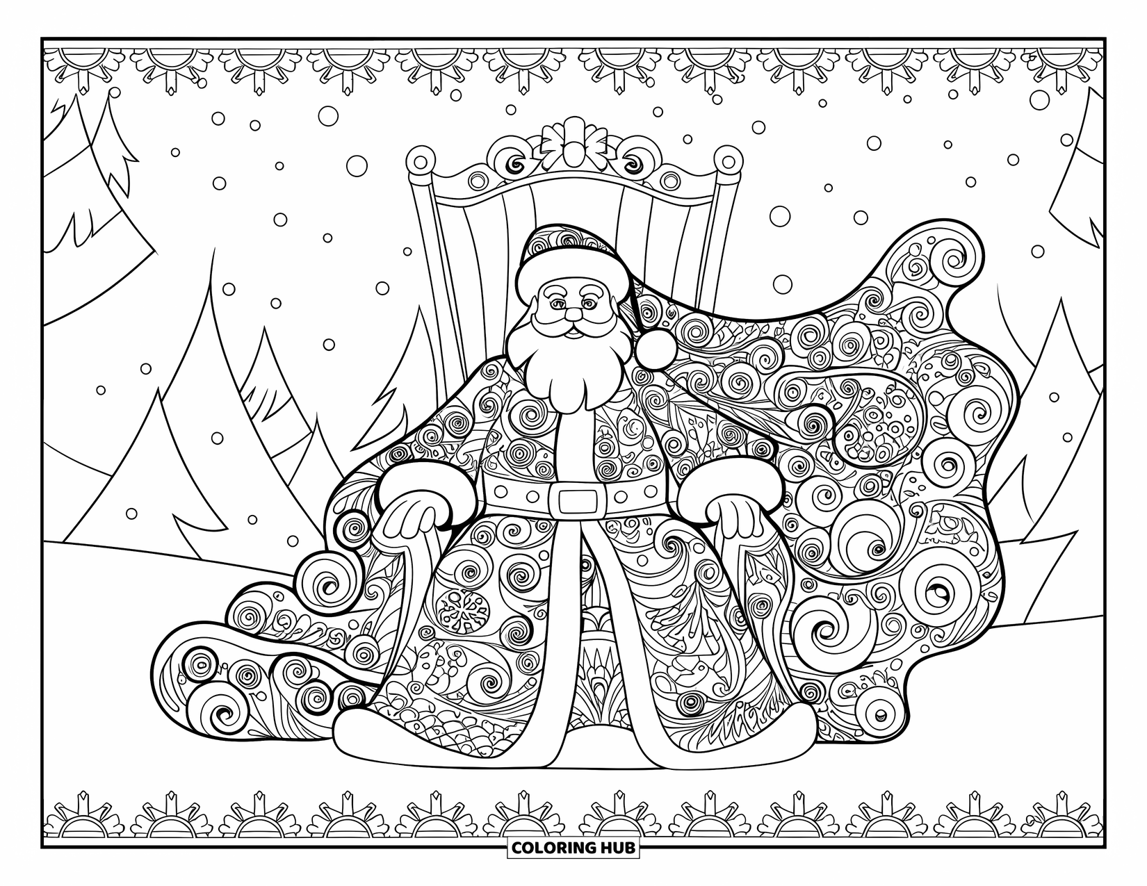Kolorowanka z Mikołajem dla dorosłych: Mikołaj siedzi na wspaniałym tronie, a jego powiewne szaty są pokryte skomplikowanymi świątecznymi wzorami