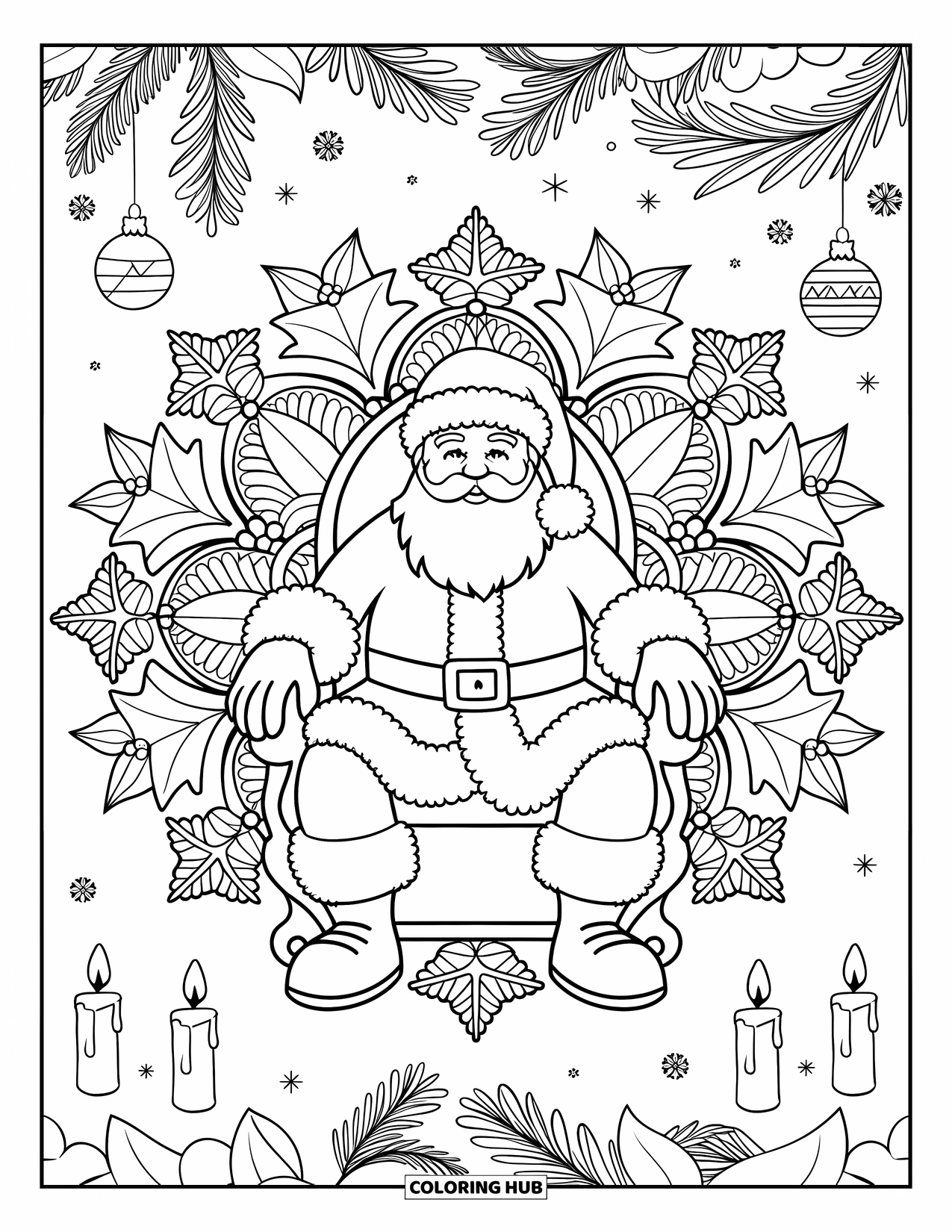 Kolorowanka z Mikołajem dla dorosłych: Mikołaj siedzi na tronie, otoczony szczegółową mandalą świątecznych dekoracji