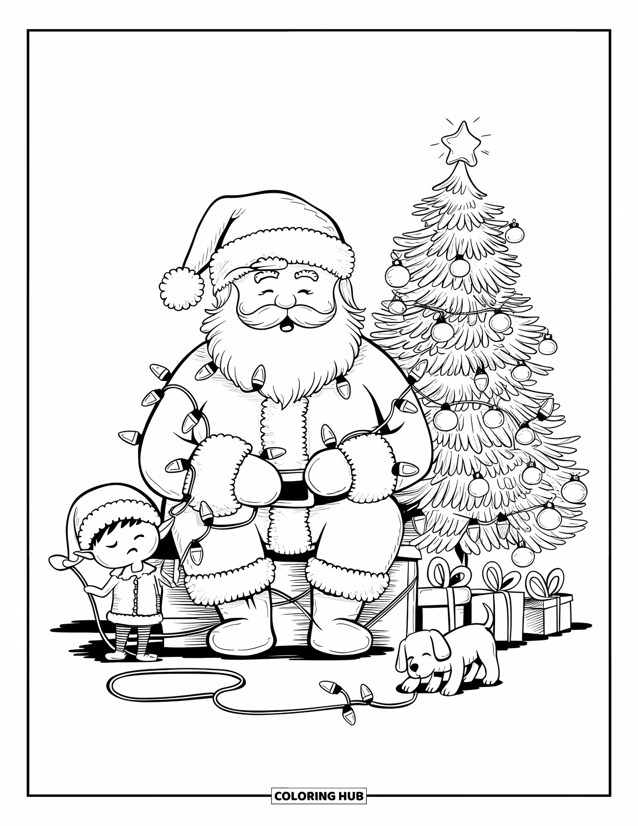 Kolorowanka z Mikołajem dla dorosłych: Mikołaj siedzi na prezentach, owinięty świecącymi lampkami choinkowymi, a mały szczeniak się bawi