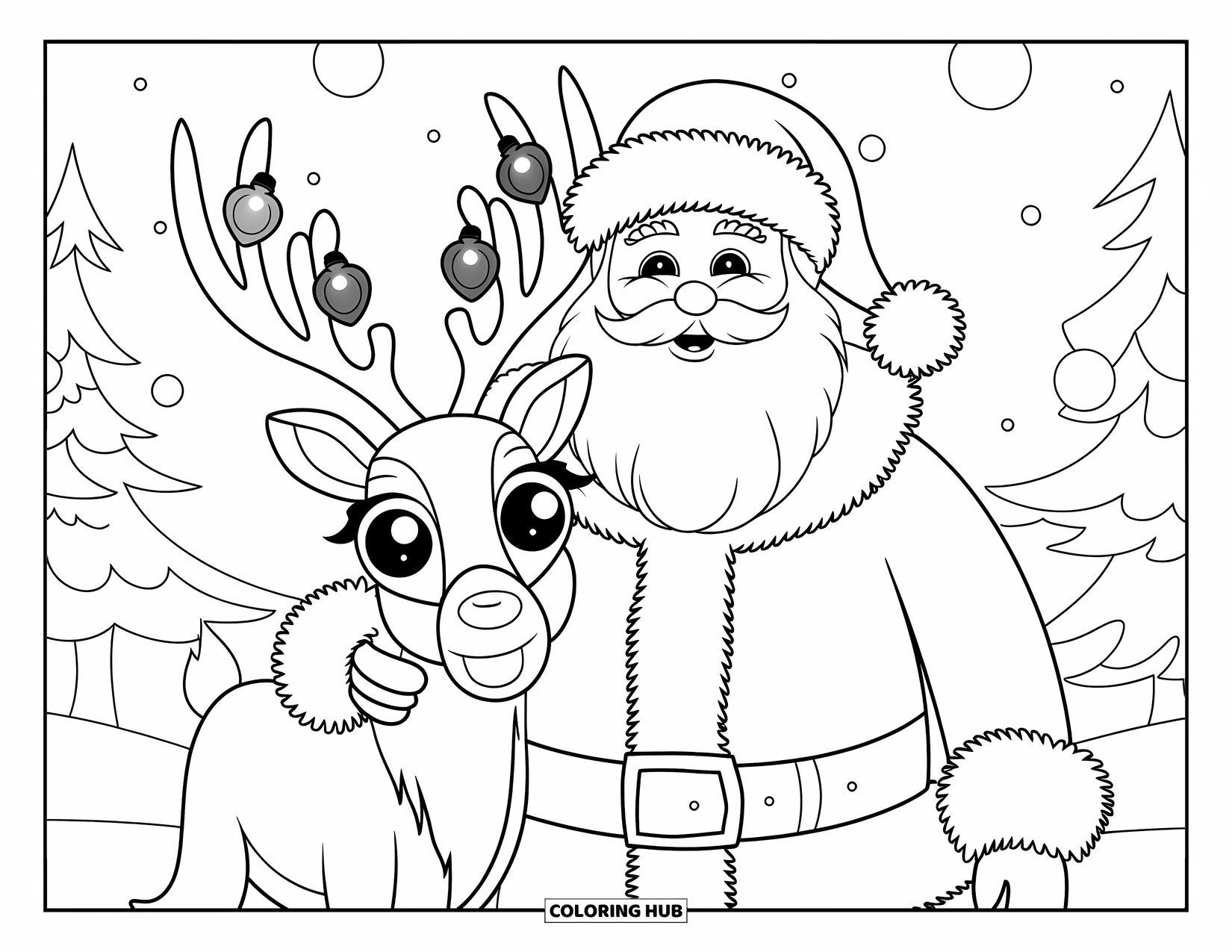 Kolorowanka z Mikołajem dla dorosłych: Mikołaj uśmiecha się obok magicznego renifera, którego rogi są ozdobione świątecznymi lampkami