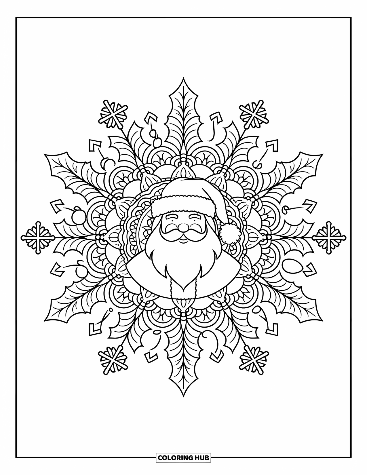Kolorowanka z Mikołajem dla dorosłych: Mikołaj stoi w centrum skomplikowanej mandali wypełnionej wzorami o tematyce bożonarodzeniowej