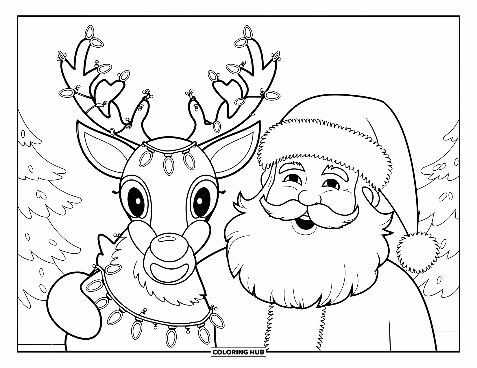 Kolorowanka z Mikołajem dla dorosłych: Mikołaj stoi obok mistycznego renifera ze świecącymi rogami owiniętymi lampkami choinkowymi