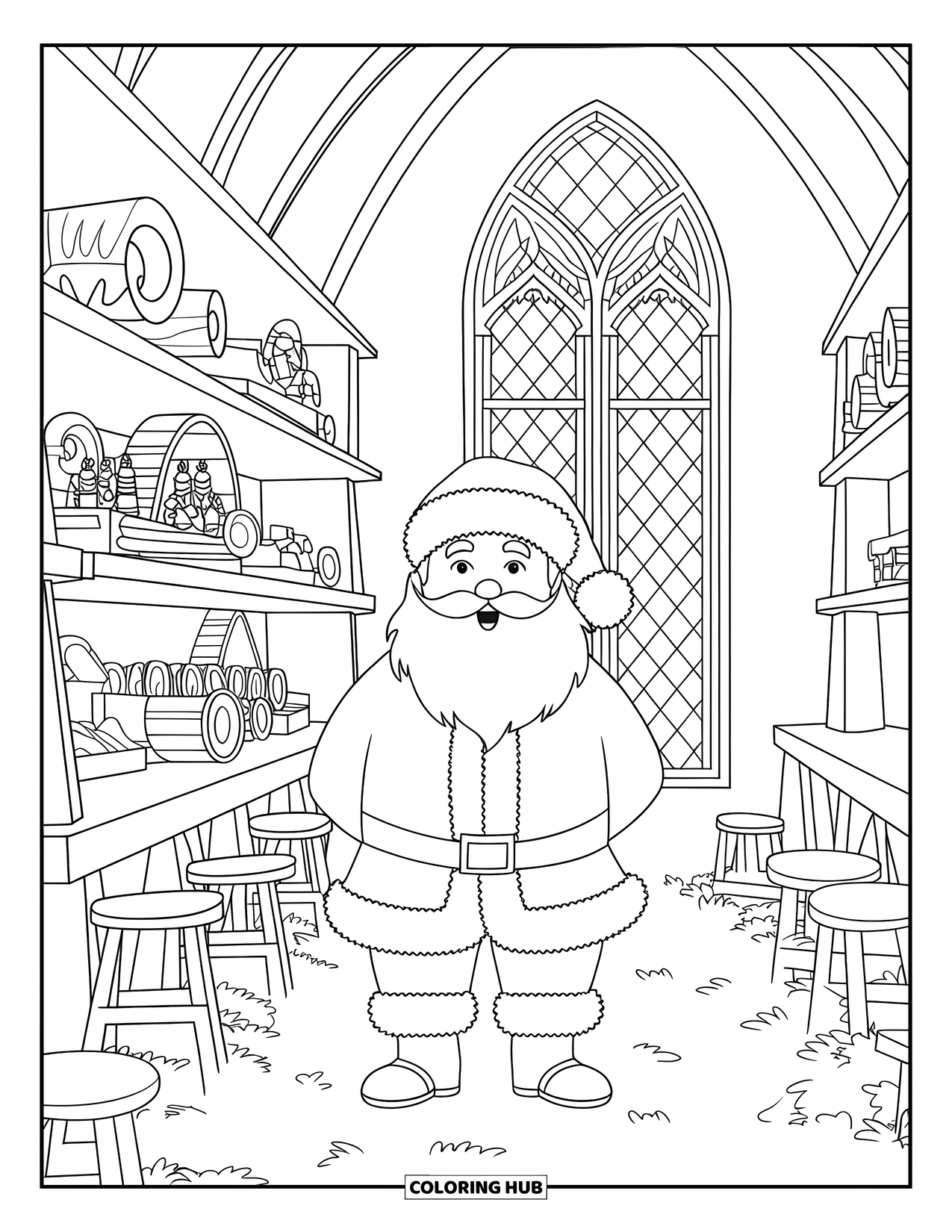 Kolorowanka z Mikołajem dla dorosłych: Mikołaj stoi w wielkim warsztacie z oknami przypominającymi katedrę i świątecznymi dekoracjami