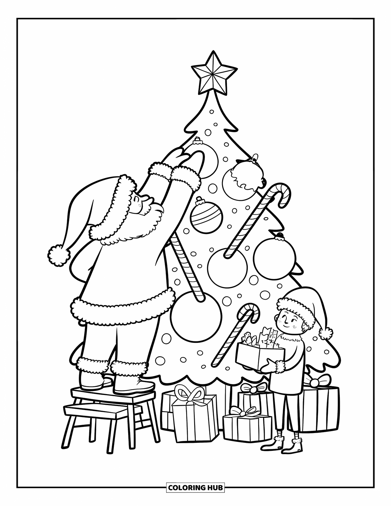 Kolorowanka z Mikołajem dla dorosłych: Mikołaj stoi na stołku, sięgając, aby umieścić gwiazdę na gigantycznej choince