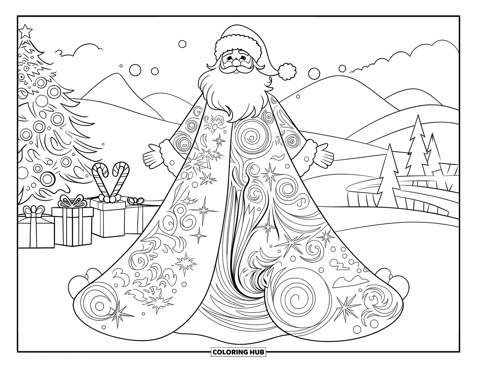 Kolorowanka z Mikołajem dla dorosłych: Mikołaj stoi dumnie, a jego wirujące szaty wypełnione są świątecznymi wzorami i magią świąt