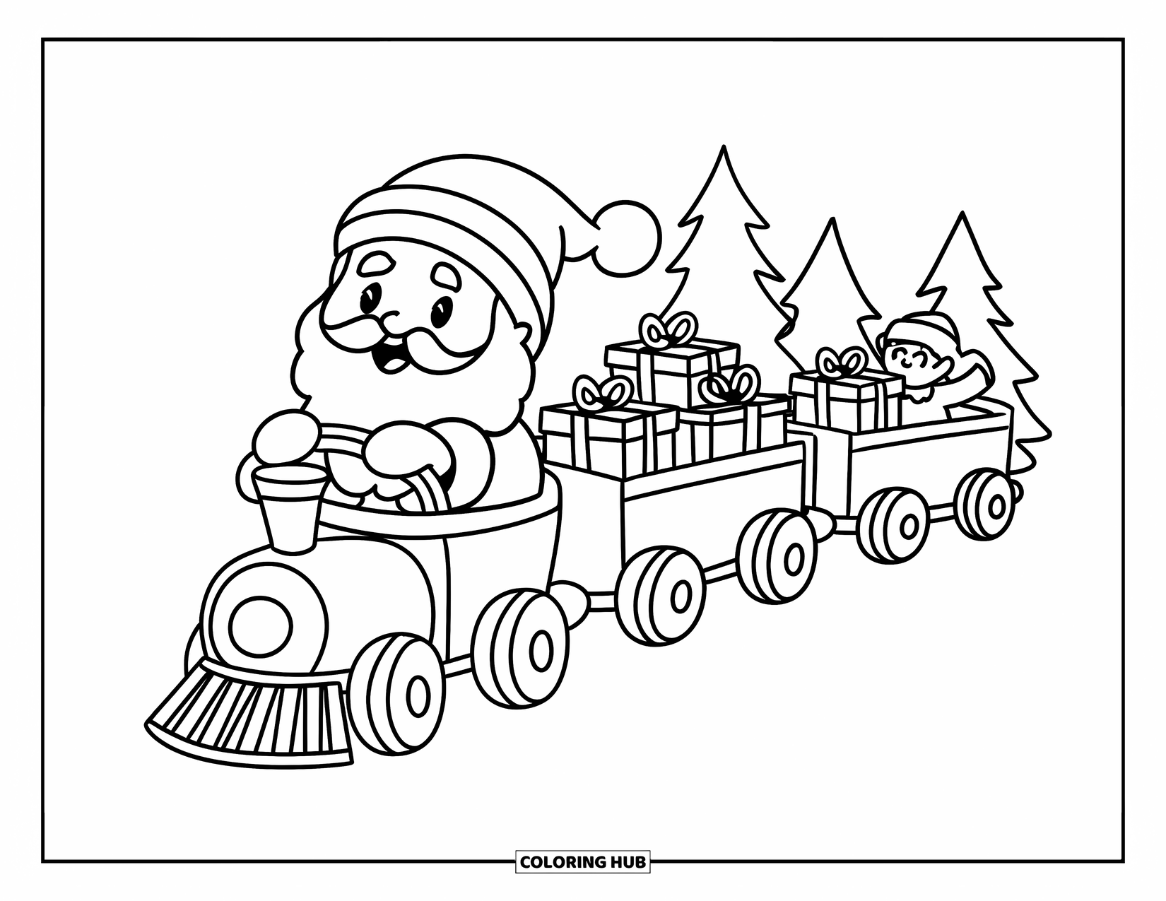 Kolorowanka z Mikołajem dla dorosłych: Mikołaj kieruje pociągiem z zabawkami wypełnionym prezentami, a elf macha z tyłu