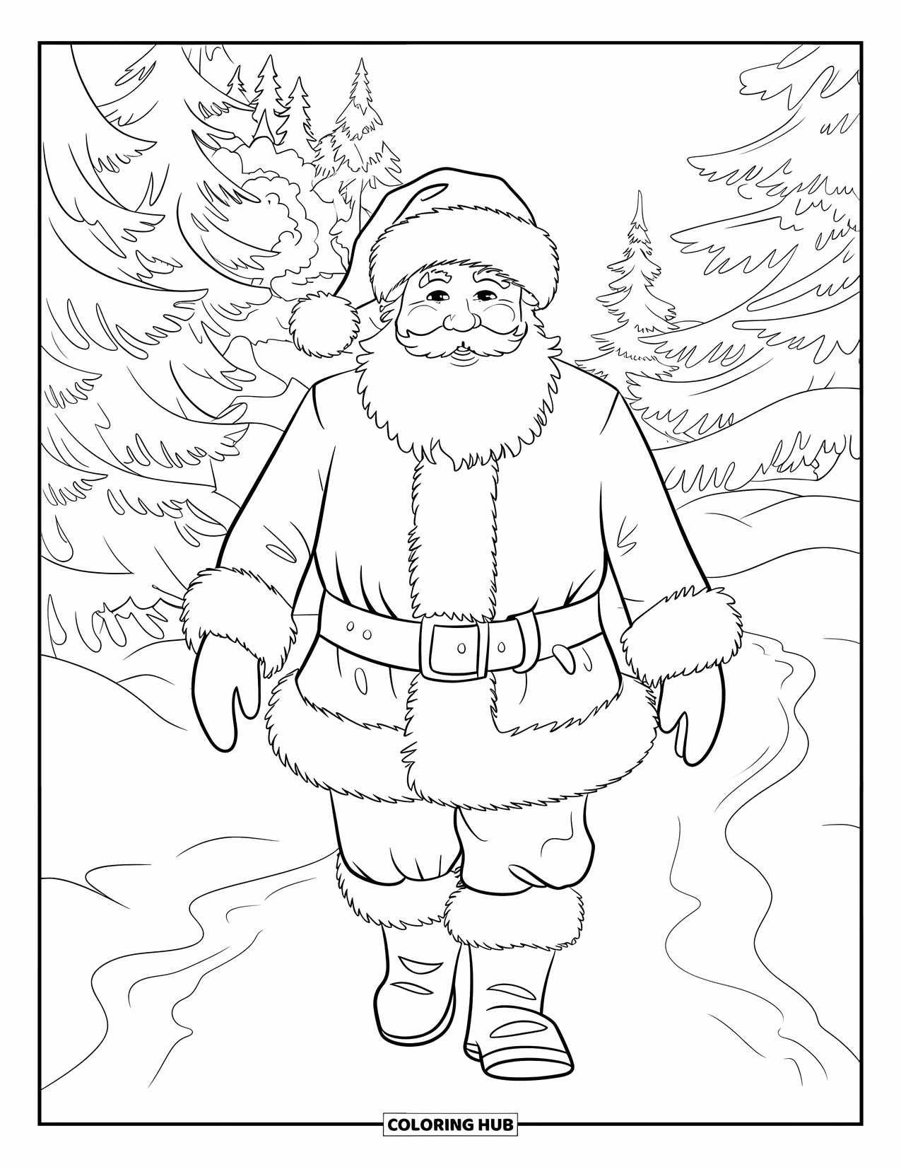 Kolorowanka z Mikołajem dla dorosłych: Mikołaj idzie przez pięknie szczegółowy zimowy las, otoczony drzewami pokrytymi śniegiem