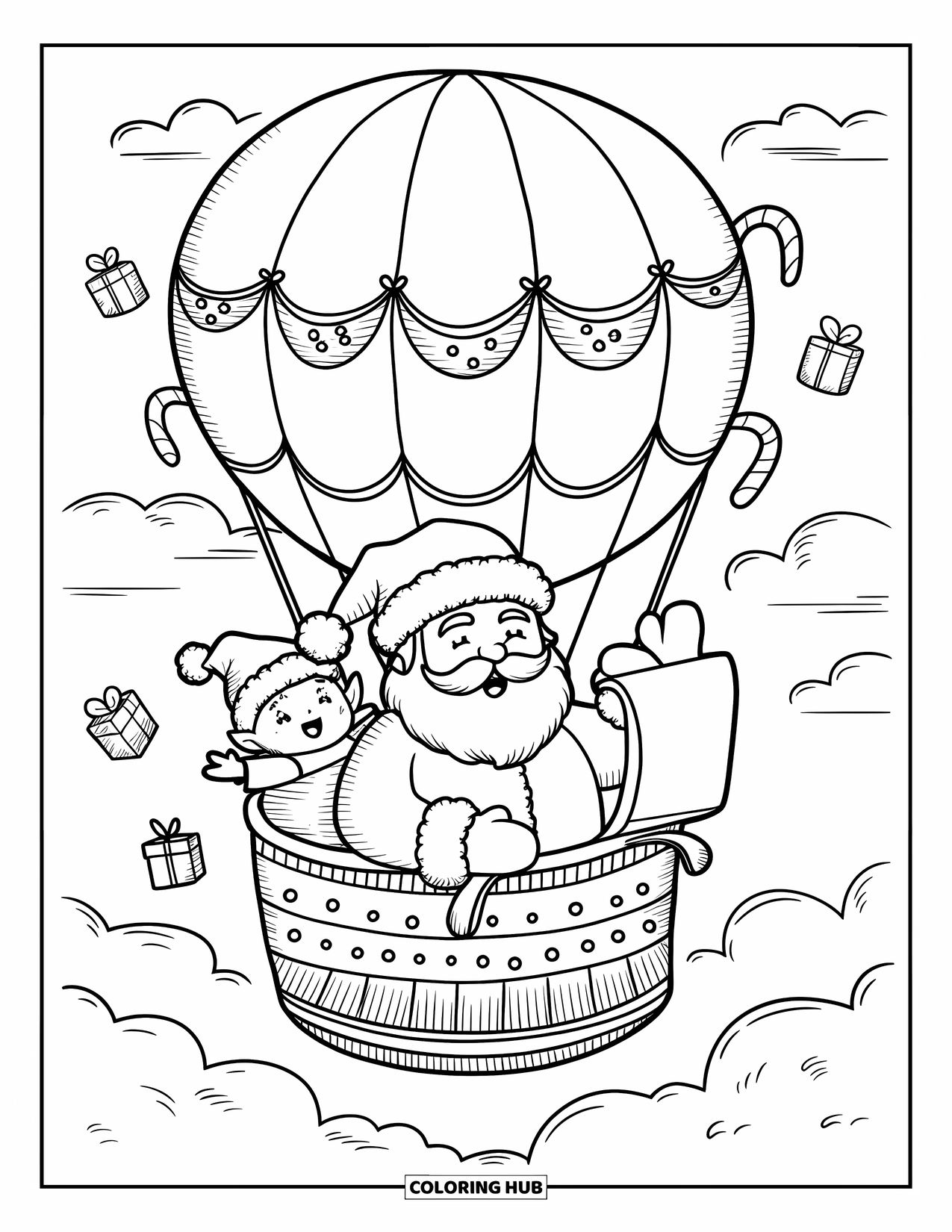 Kolorowanka z Mikołajem dla dorosłych: Mikołaj macha z sań-balonu, unosząc się przez puszyste chmury z podekscytowanym elfem
