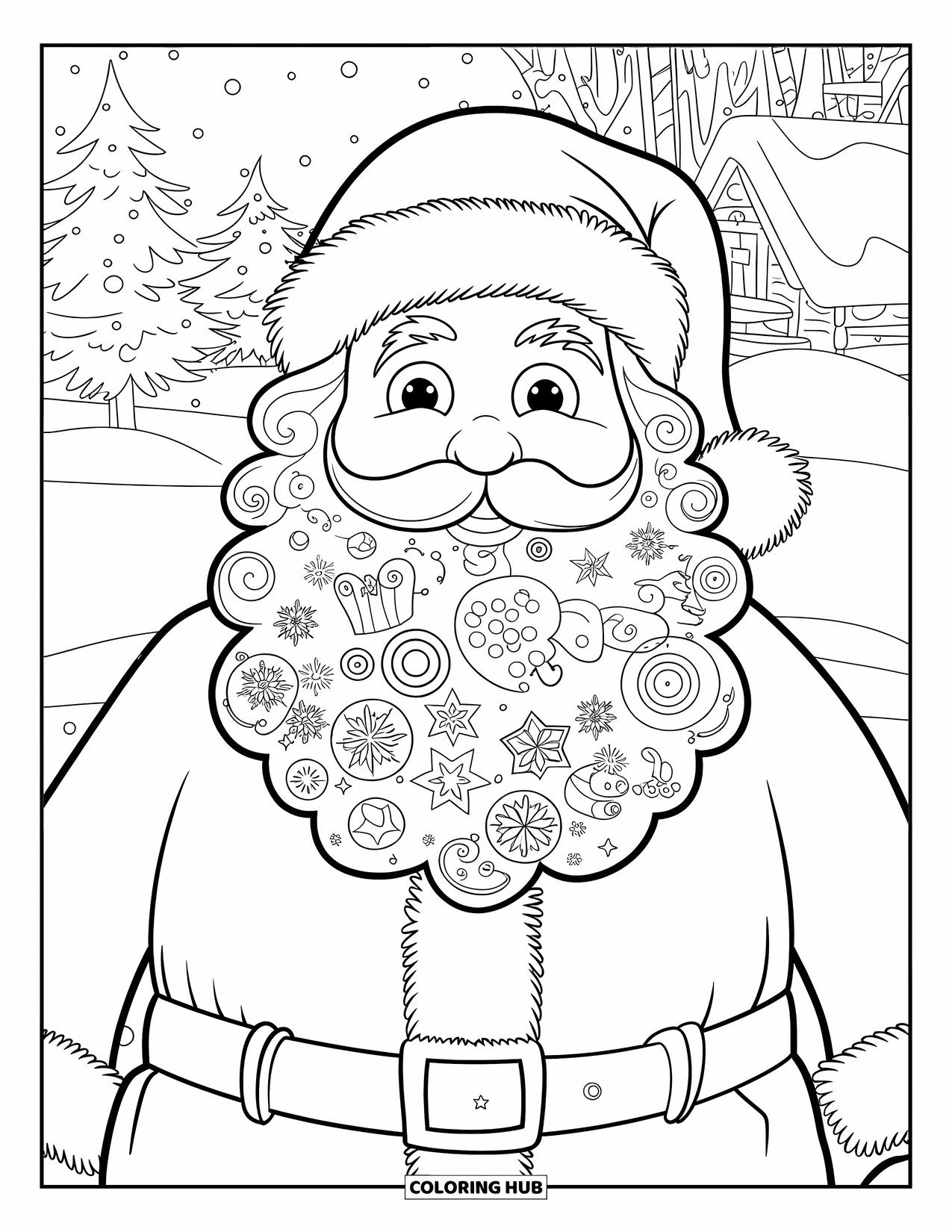 Kolorowanka z Mikołajem dla dorosłych: Broda Mikołaja płynie ze szczegółowymi elementami świątecznymi, na tle śnieżnego zimowego krajobrazu