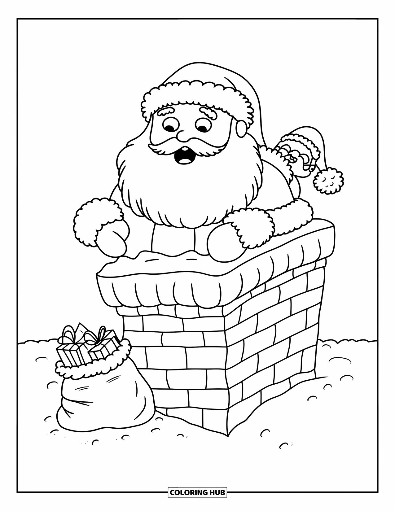 Kolorowanka z Mikołajem dla dorosłych: Brzuch Mikołaja utknął w kominie, a mały elf próbuje go wypchnąć