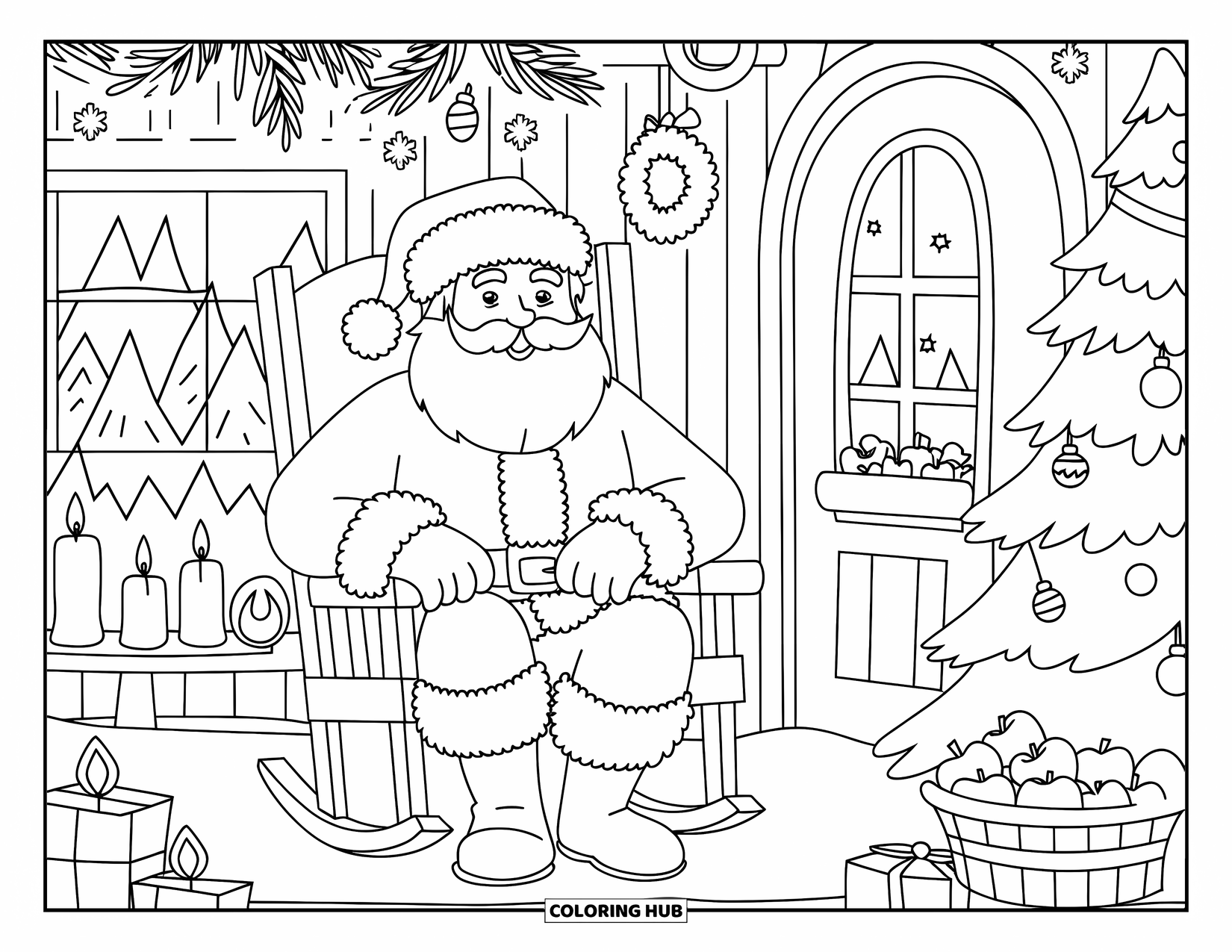 Kolorowanka z Mikołajem dla dorosłych: Chata Mikołaja jest wypełniona świątecznym urokiem, od migoczących światełek po przytulny świąteczny wystrój