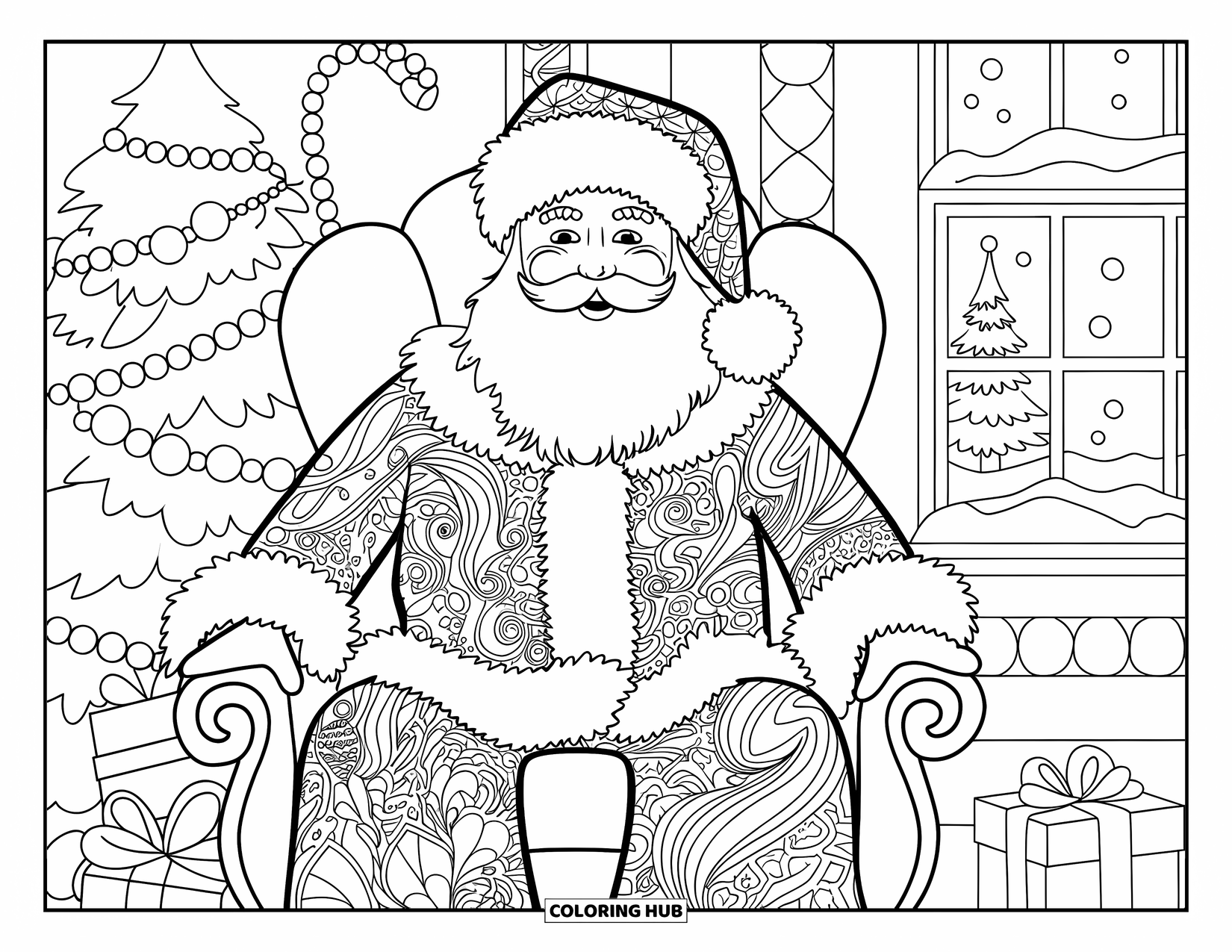 Kolorowanka z Mikołajem dla dorosłych: Eleganckie szaty Mikołaja prezentują artystyczne świąteczne wzory, gdy siedzi w świątecznej scenerii