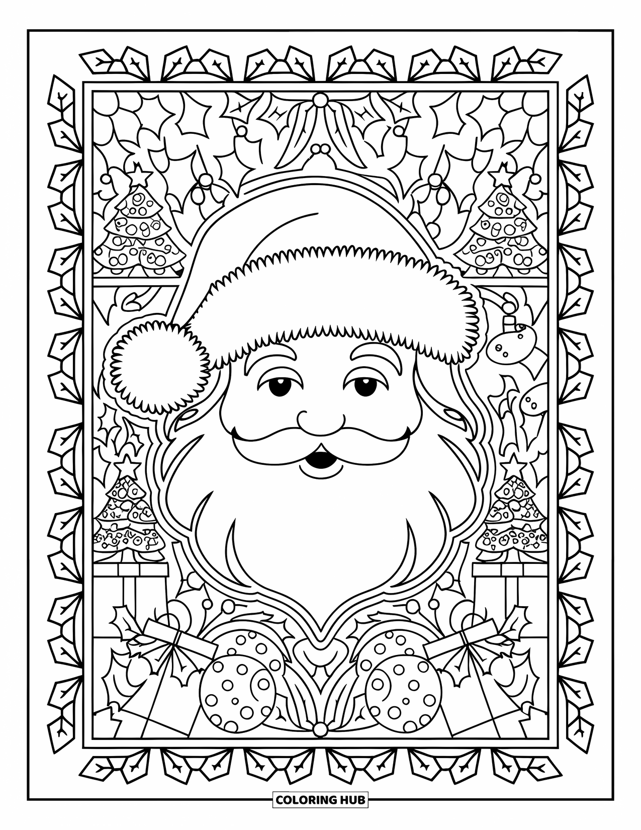 Kolorowanka z Mikołajem dla dorosłych: Twarz Mikołaja jest otoczona skomplikowanym wzorem świątecznych elementów, takich jak ostrokrzew i laski cukrowe