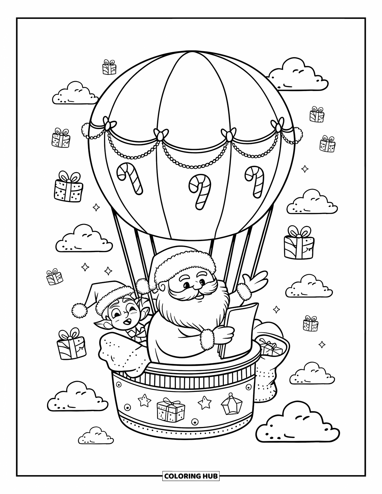 Kolorowanka z Mikołajem dla dorosłych: Sanie-balon Mikołaja dryfują po niebie, ozdobione prezentami i świątecznymi wzorami