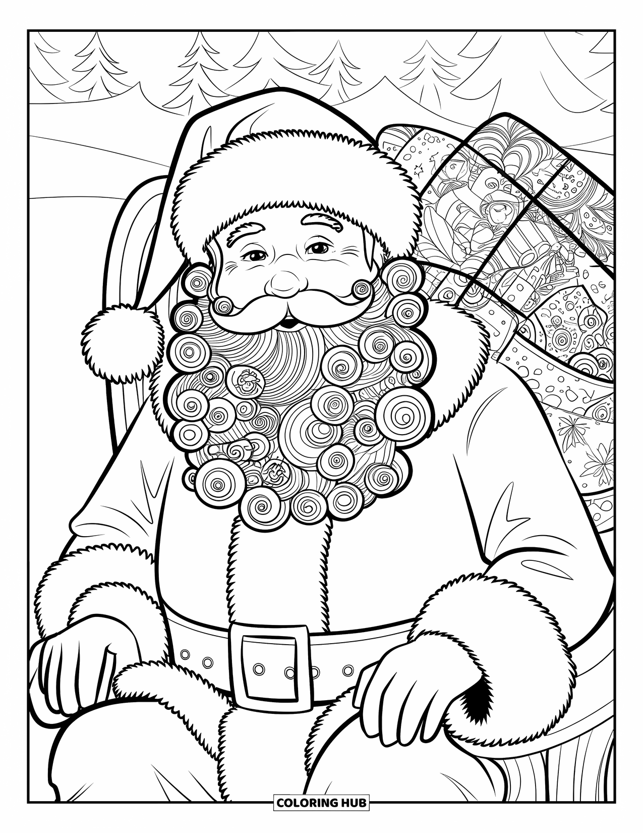 Kolorowanka z Mikołajem dla dorosłych: Długa, ozdobna broda Mikołaja jest wypełniona skomplikowanymi wzorami i spiralami o tematyce świątecznej