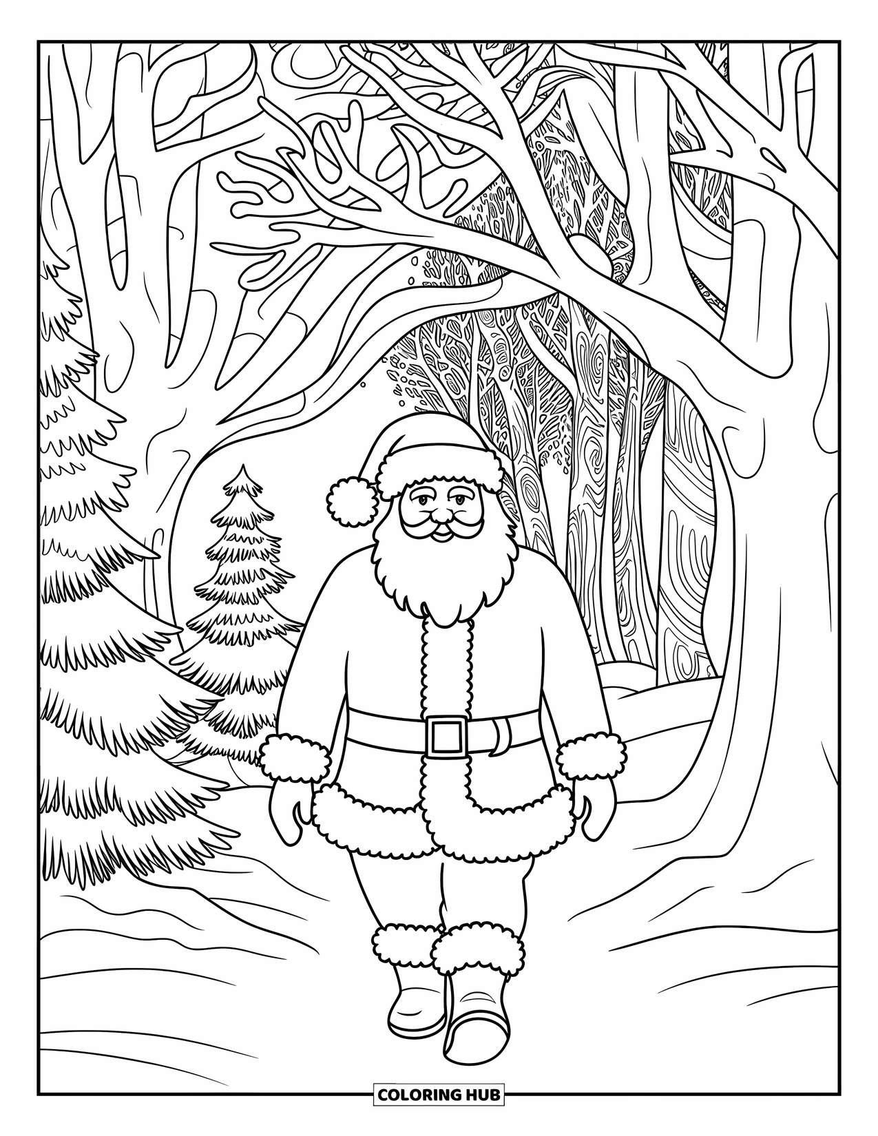 Kolorowanka z Mikołajem dla dorosłych: Ścieżka Mikołaja wije się przez bardzo szczegółowy śnieżny las, oferując magiczną zimową scenerię