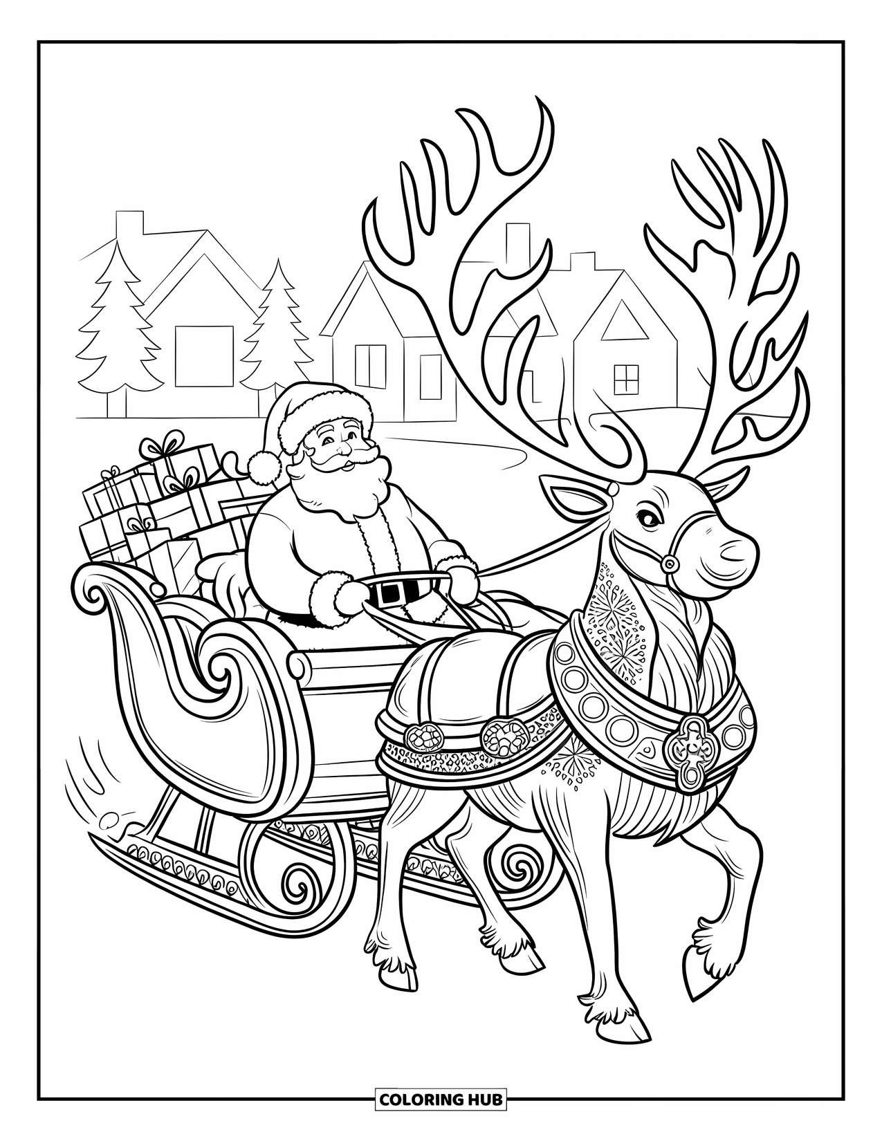 Kolorowanka z Mikołajem dla dorosłych: Sanie Mikołaja szybują przez śnieżną wioskę, prowadzone przez renifery z pięknie szczegółowymi wzorami