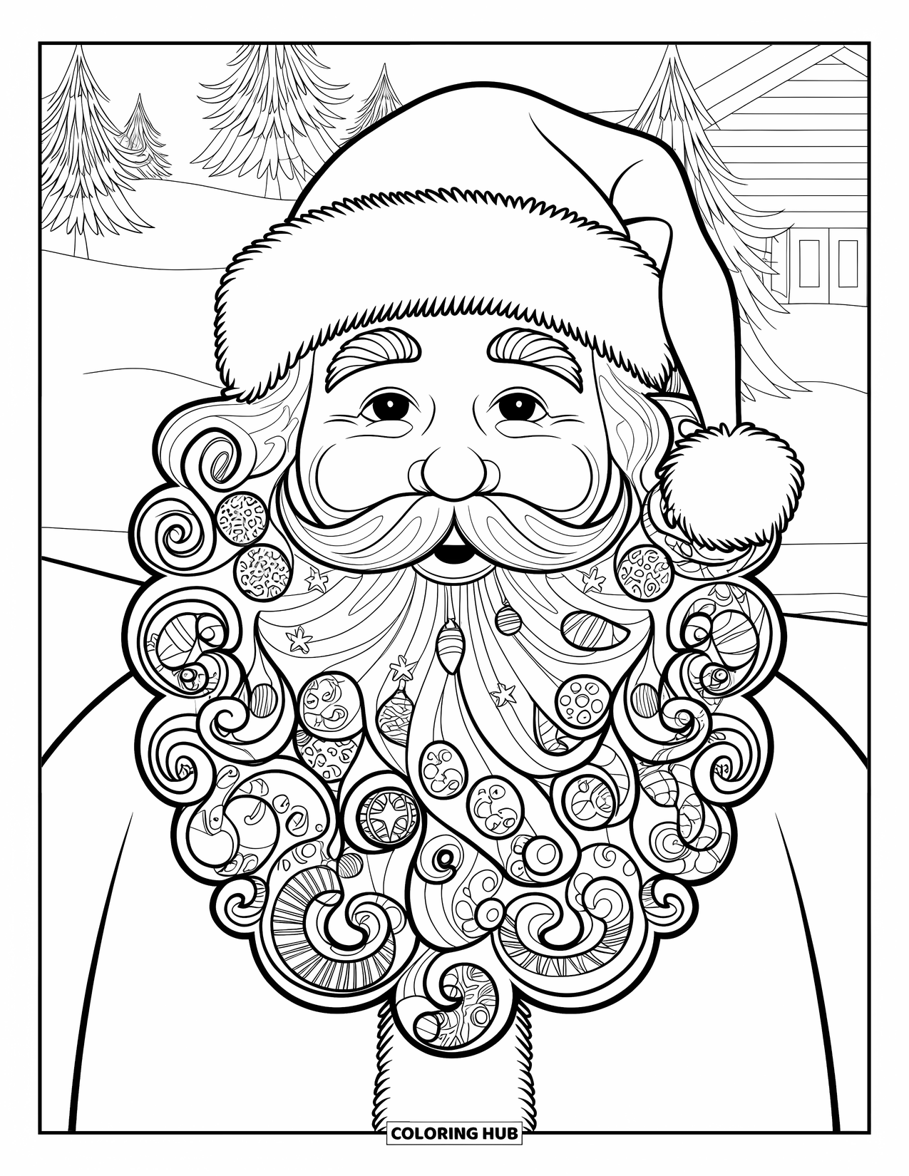 Kolorowanka z Mikołajem dla dorosłych: Wirująca broda Mikołaja jest wypełniona skomplikowanymi świątecznymi wzorami i świątecznymi projektami