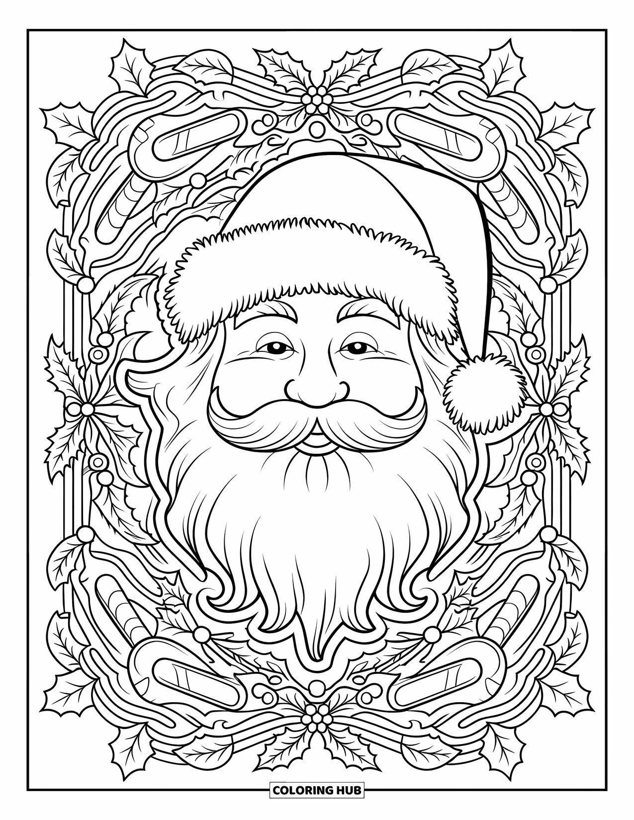 Kolorowanka z Mikołajem dla dorosłych: Ciepły wyraz twarzy Mikołaja jest otoczony świątecznymi wzorami i wirującymi świątecznymi detalami