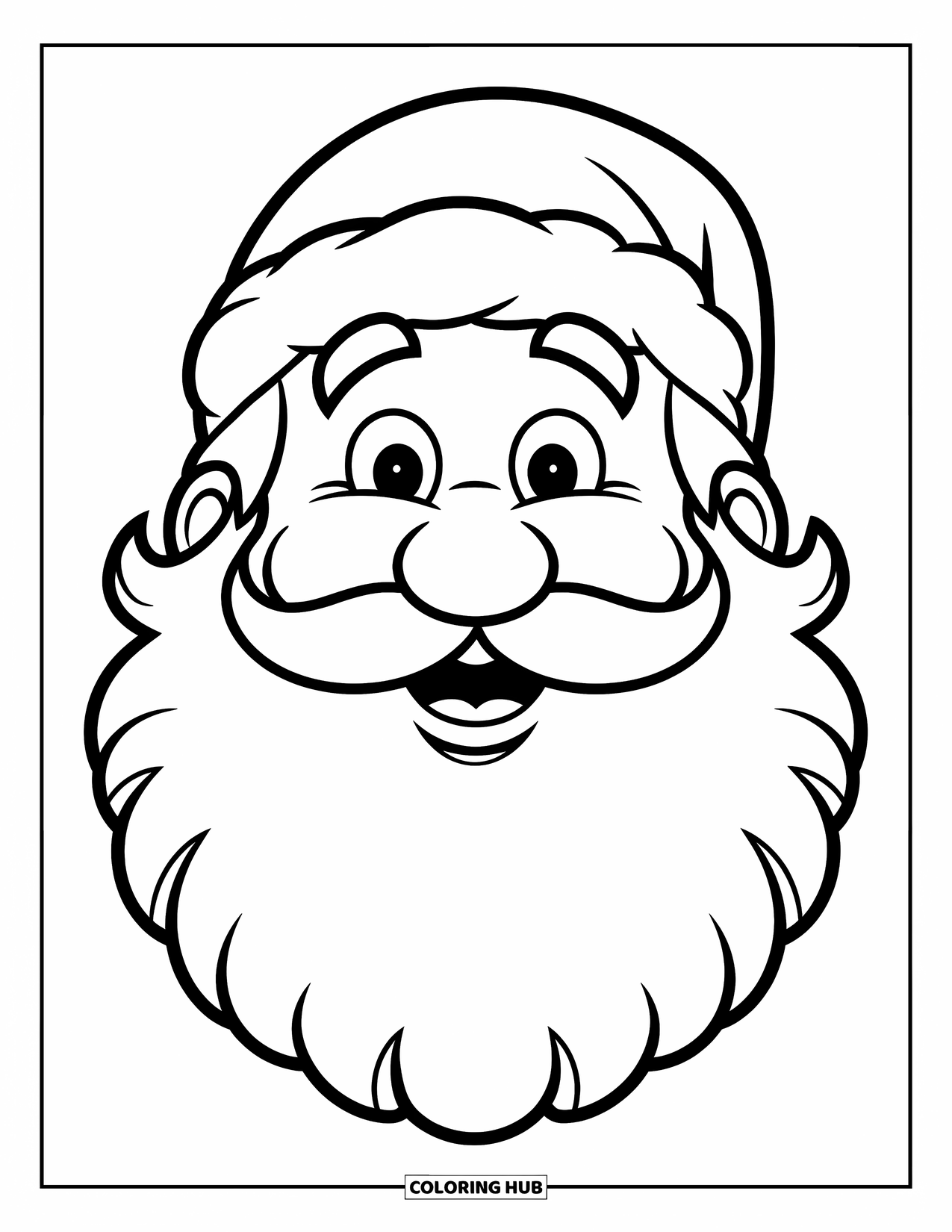 Kolorowanka z Mikołajem dla dzieci: Zb блиżenie wesołej twarzy Mikołaja, a jego puszysta broda wypełnia stronę