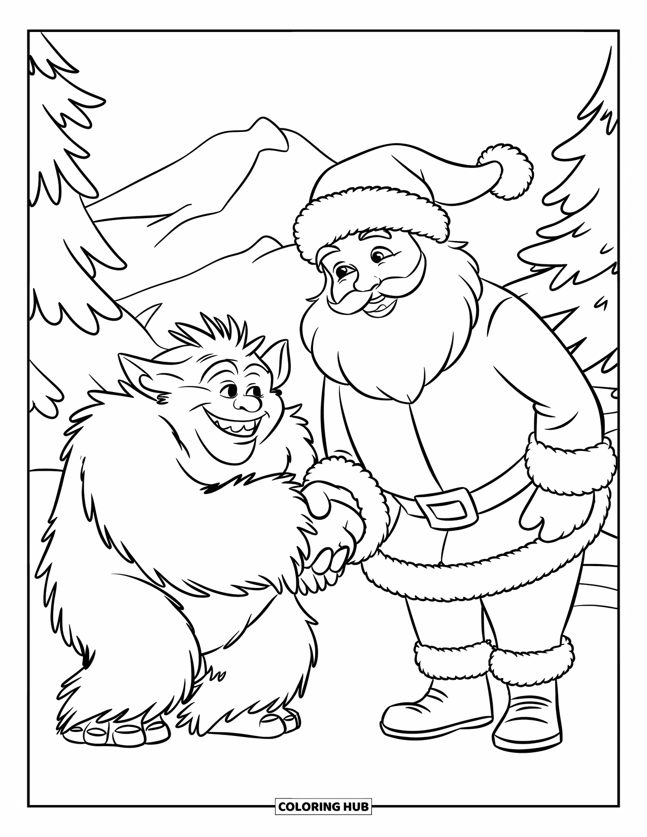 Kolorowanka z Mikołajem dla dzieci: Mikołaj i przyjazny yeti ściskają sobie dłonie w śnieżnym lesie z drzewami i górami