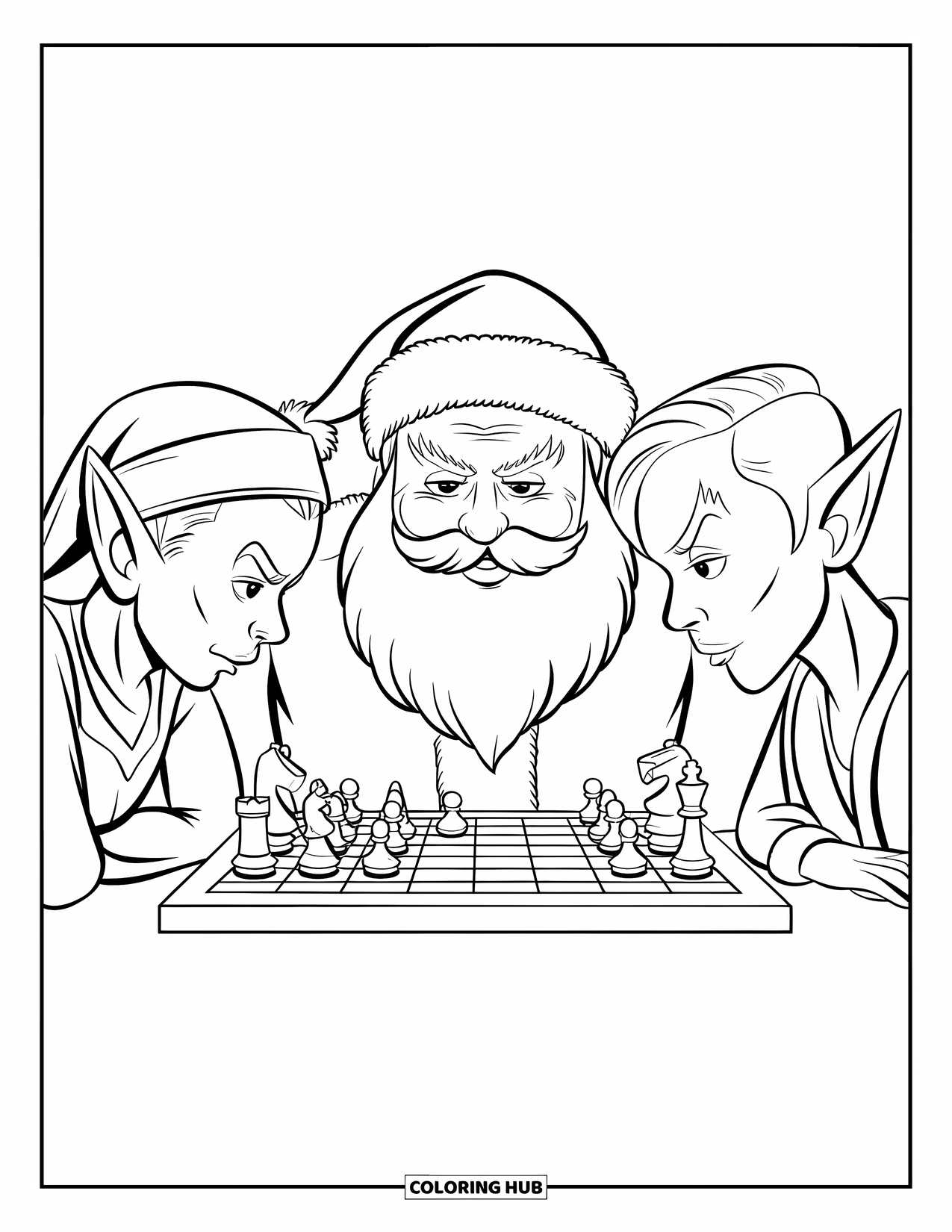 Kolorowanka z Mikołajem dla dzieci: Mikołaj i elf siedzą przy stole, zamyśleni nad grą w szachy