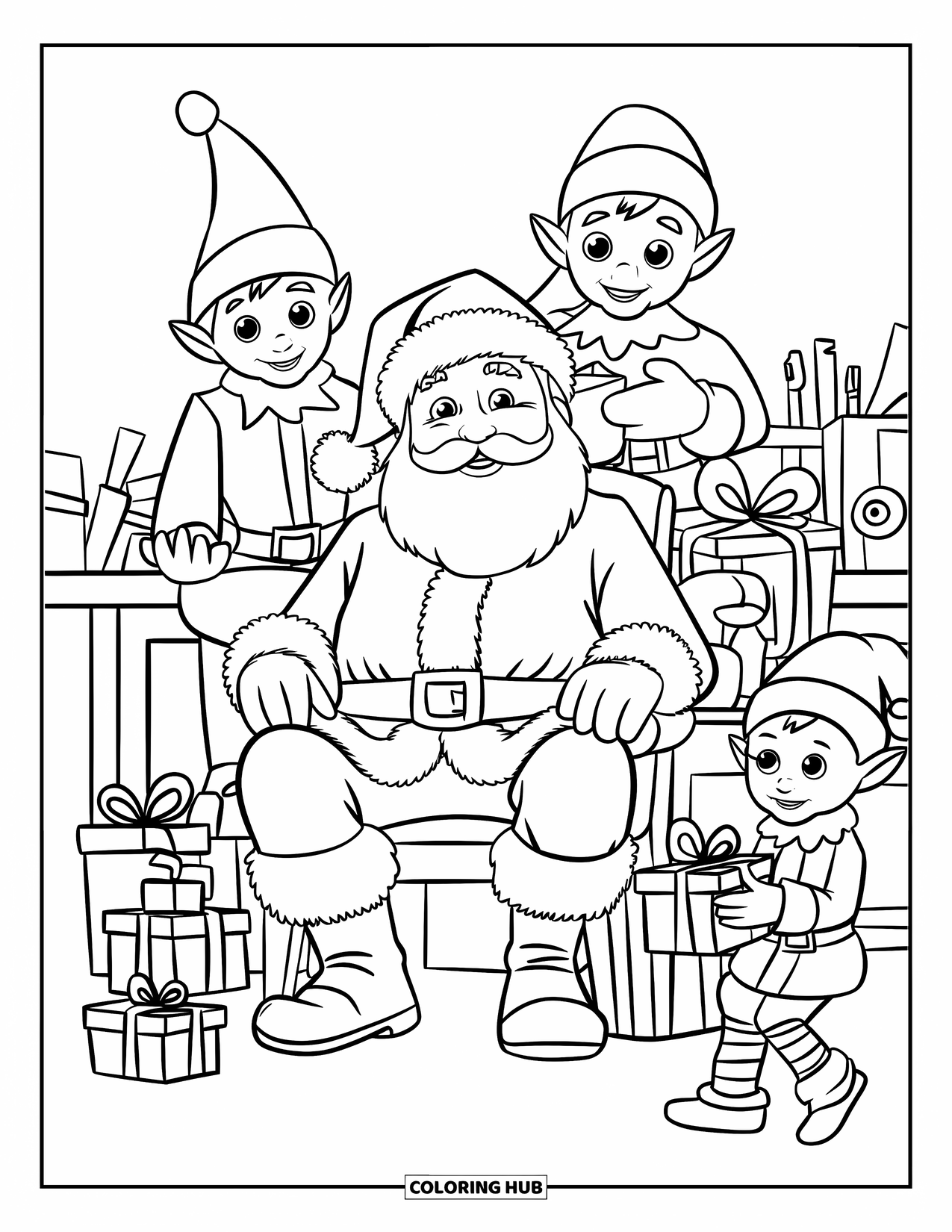 Kolorowanka z Mikołajem dla dzieci: Mikołaj i jego elfy tworzą zabawki i pakują prezenty w tętniącym życiem warsztacie