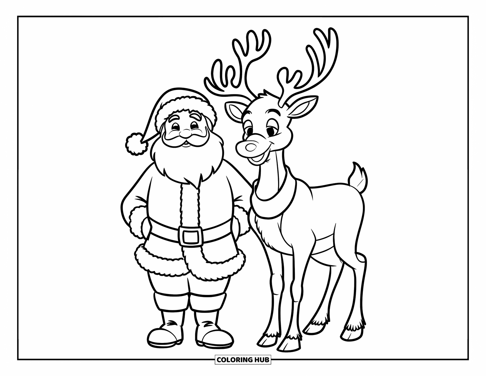 Kolorowanka z Mikołajem dla dzieci: Mikołaj i jego renifery stoją obok siebie, gotowi na świąteczną podróż