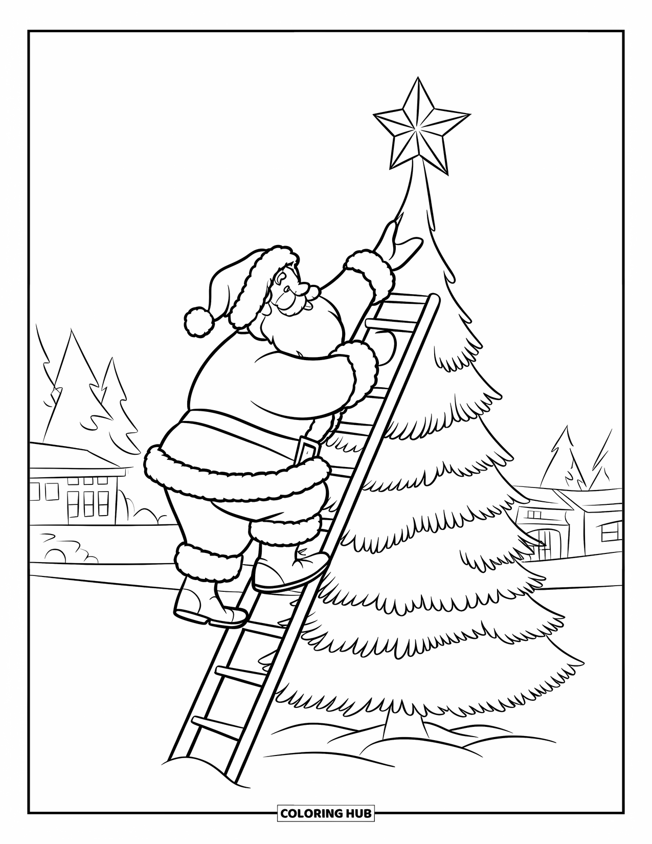 Kolorowanka z Mikołajem dla dzieci: Mikołaj balansuje na drabinie, sięgając, by umieścić gwiazdę na wysokiej choince