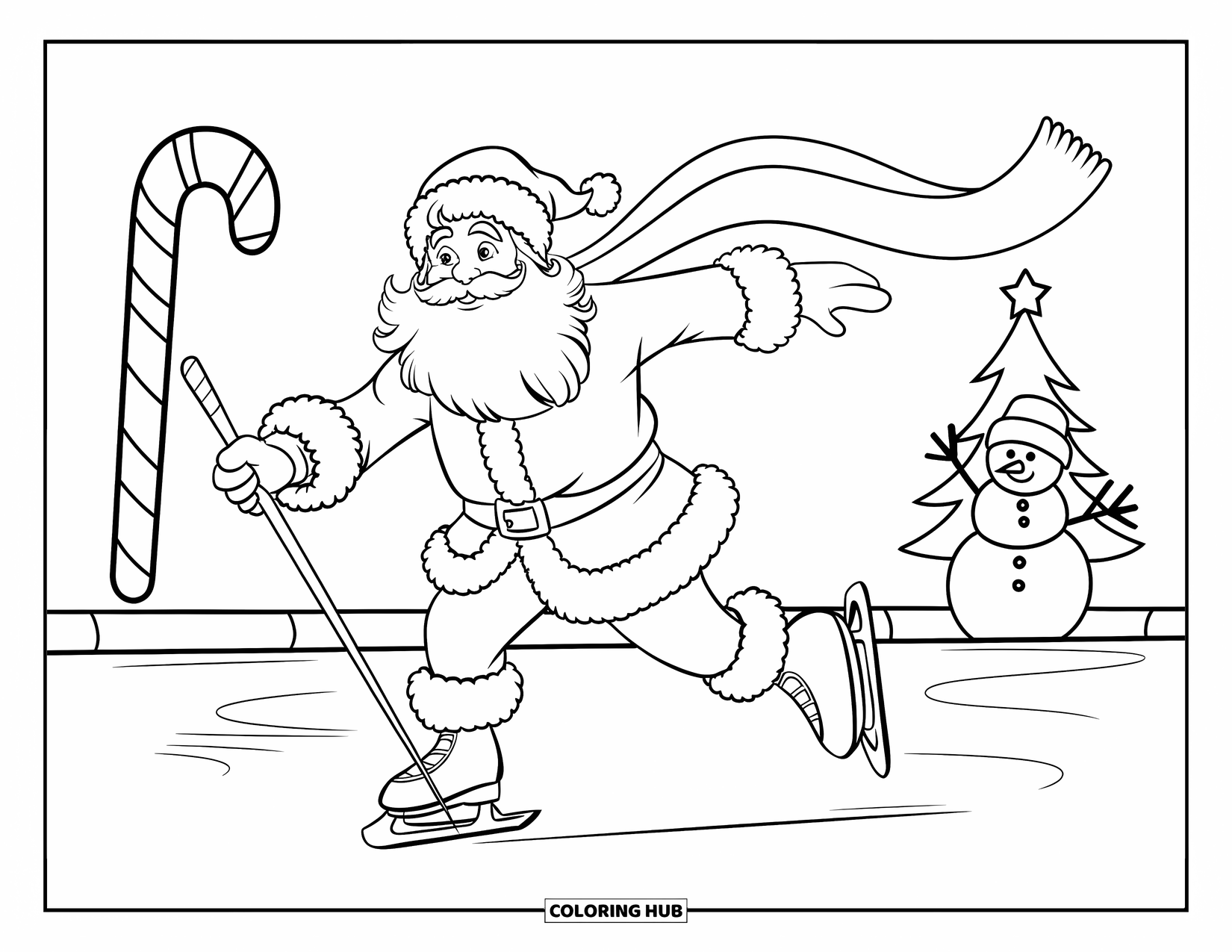 Kolorowanka z Mikołajem dla dzieci: Mikołaj utrzymuje równowagę na lodzie z kijem, a jego szalik powiewa podczas jazdy na łyżwach