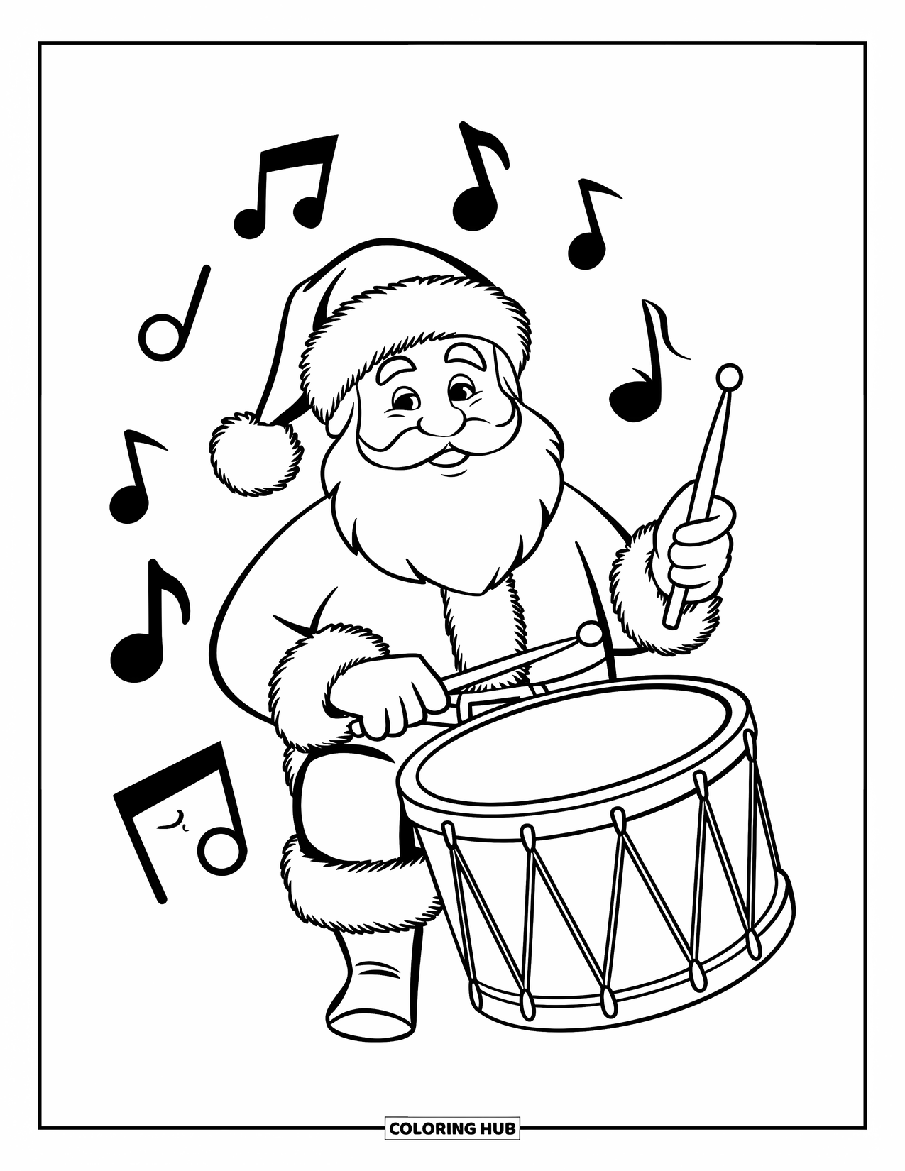 Kolorowanka z Mikołajem dla dzieci: Mikołaj radośnie bębni, otoczony nutami muzycznymi i świąteczną radością