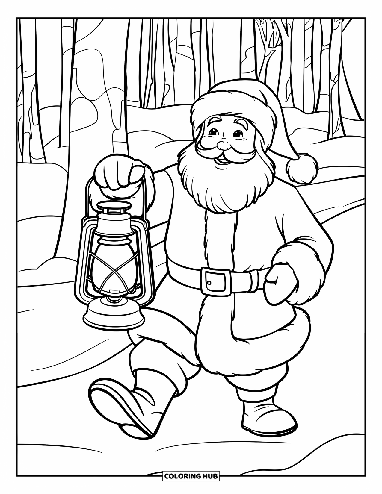 Kolorowanka z Mikołajem dla dzieci: Mikołaj niesie świecący lampion, przemierzając spokojny, śnieżny las