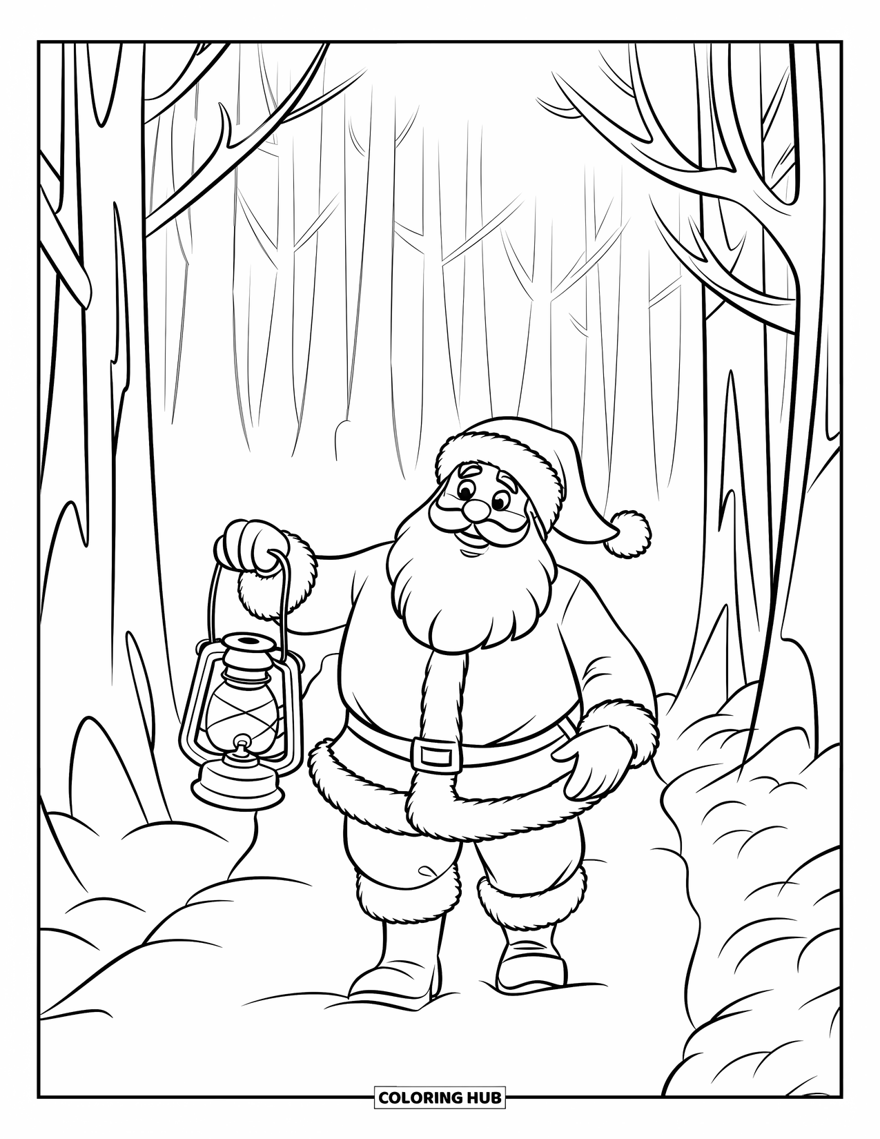Kolorowanka z Mikołajem dla dzieci: Mikołaj niesie lampion, idąc przez cichy, pokryty śniegiem las