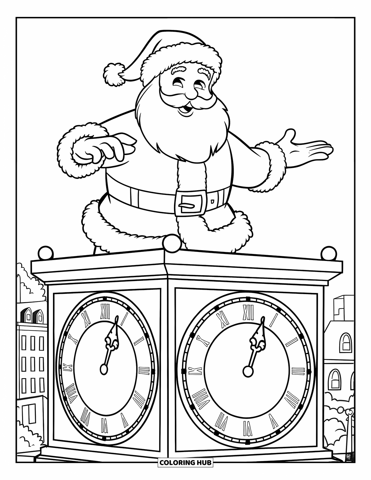Kolorowanka z Mikołajem dla dzieci: Mikołaj sprawdza godzinę na wielkiej wieży zegarowej, a za nim rozciąga się śnieżne miasto