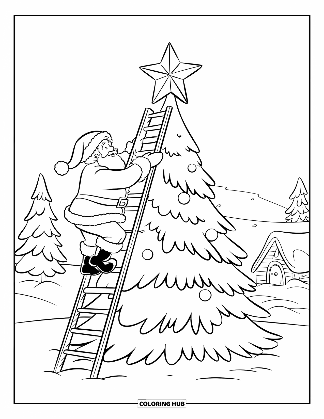 Kolorowanka z Mikołajem dla dzieci: Mikołaj wspina się po drewnianej drabinie, aby zwieńczyć gigantyczną choinkę świecącą gwiazdą