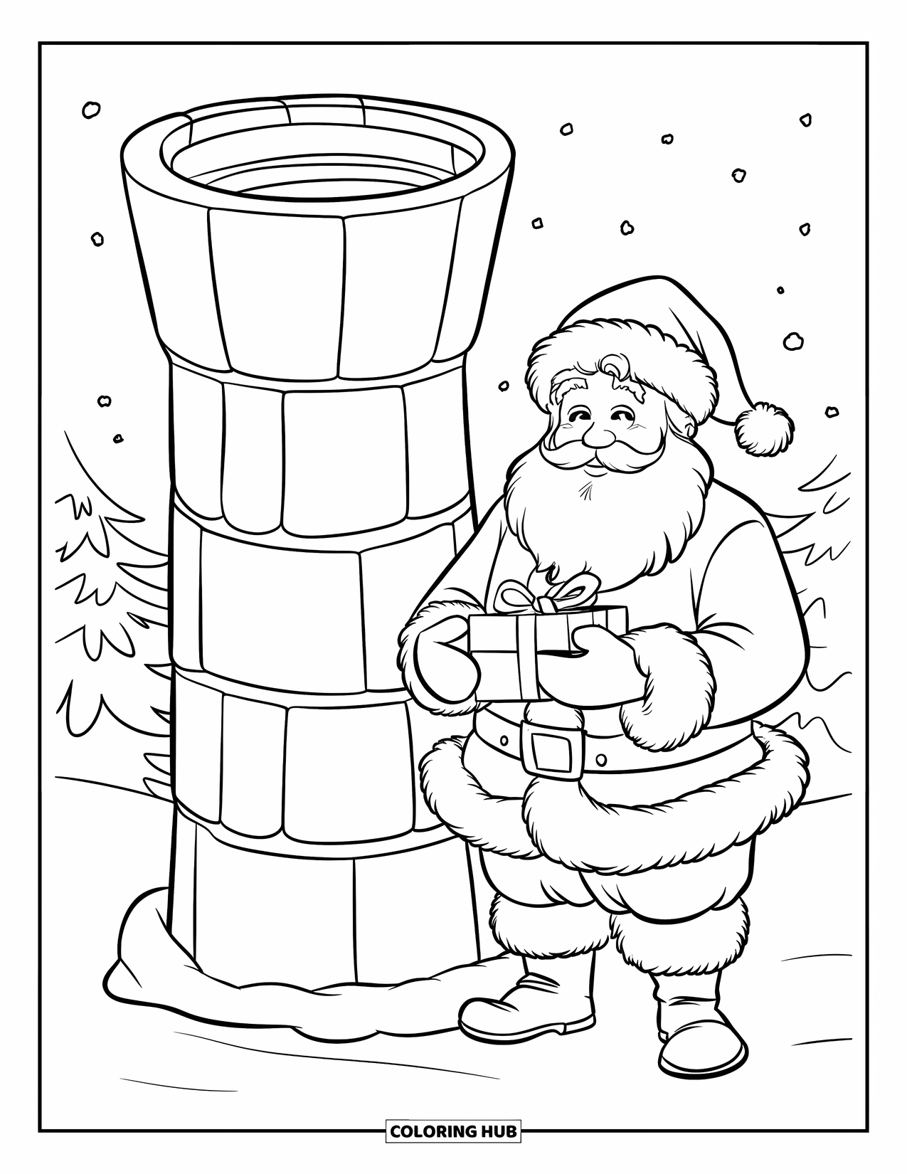 Kolorowanka z Mikołajem dla dzieci: Mikołaj ściska prezent, stojąc obok ogromnego, pokrytego śniegiem komina