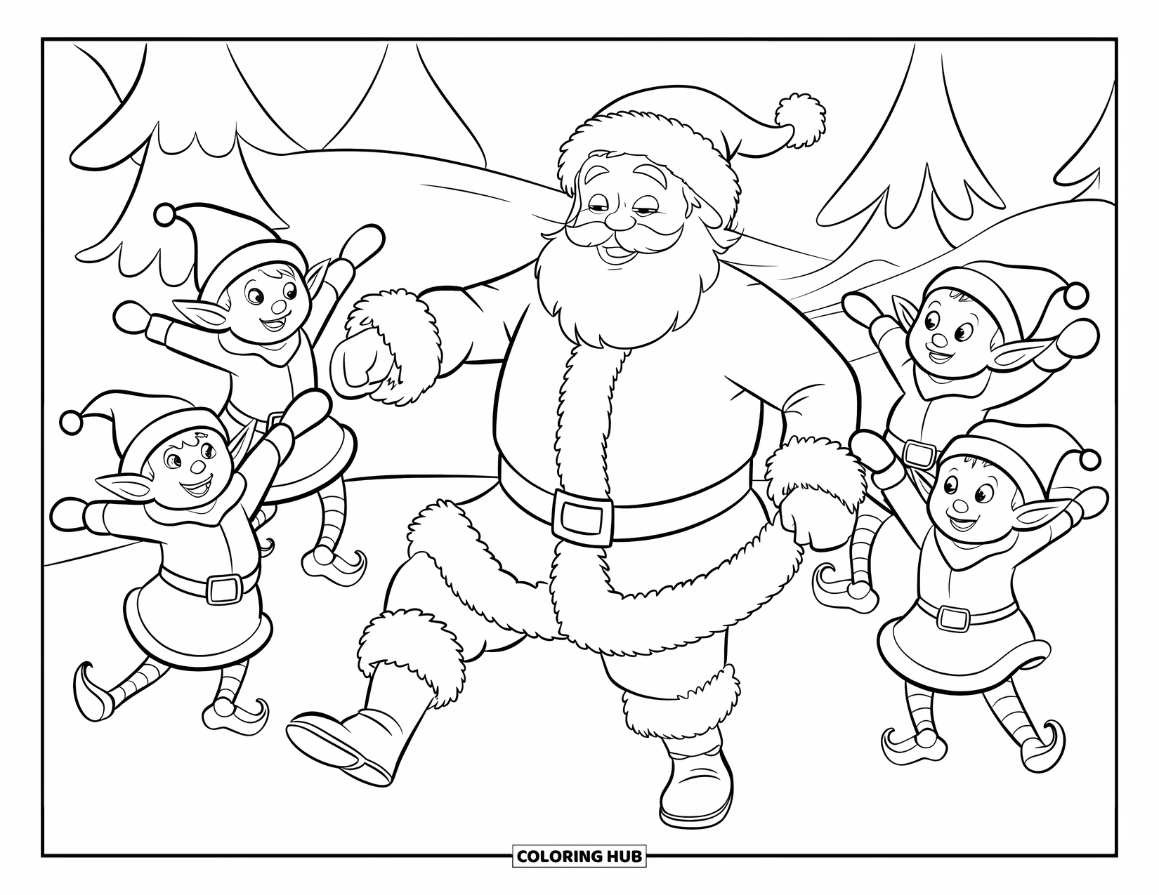 Kolorowanka z Mikołajem dla dzieci: Mikołaj tańczy radośnie na śniegu, a elfy wiwatują i klaszczą wokół niego