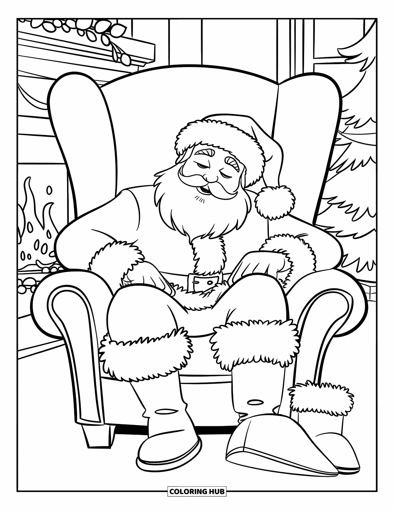 Kolorowanka z Mikołajem dla dzieci: Mikołaj zasypia w swoim fotelu, otoczony prezentami i ciepłym kominkiem