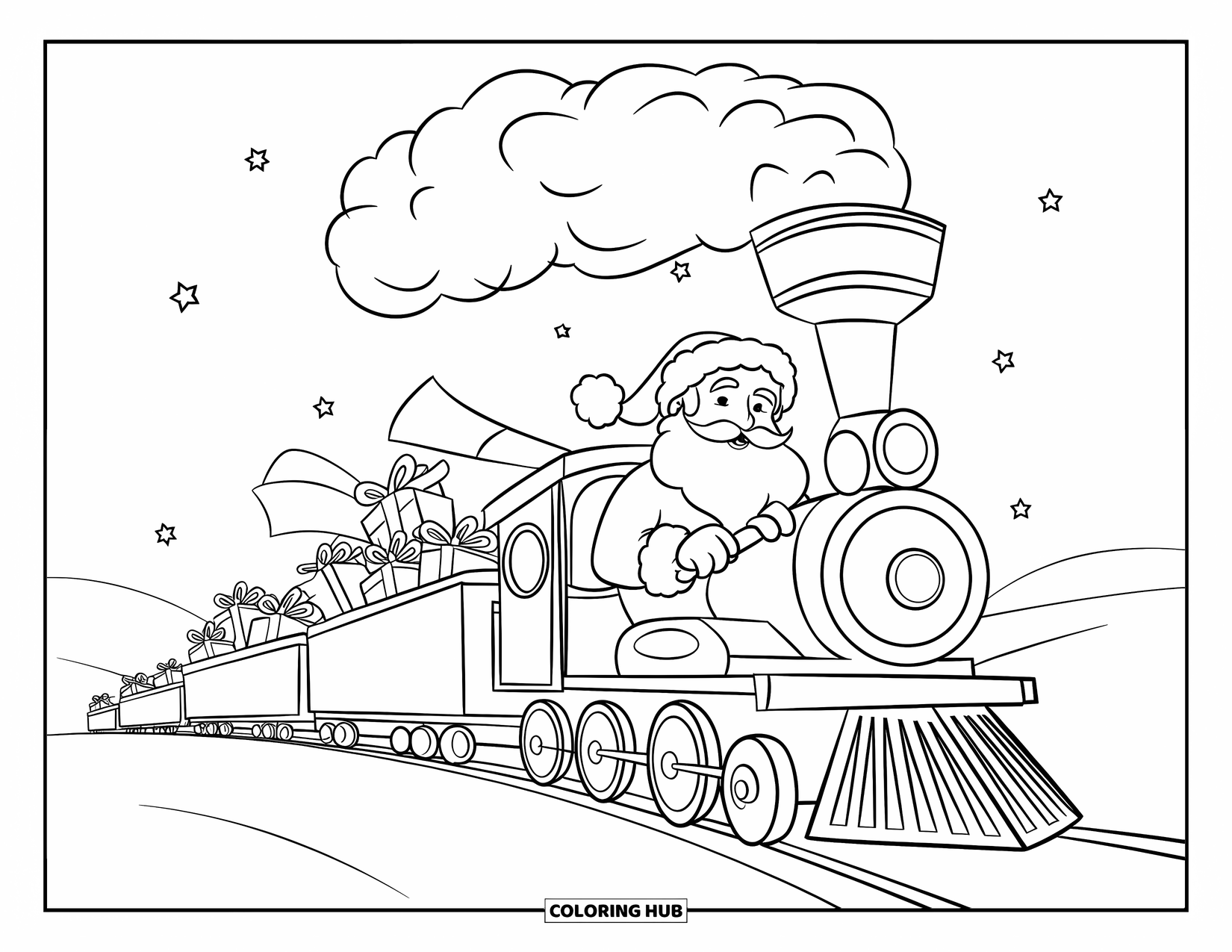 Kolorowanka z Mikołajem dla dzieci: Mikołaj prowadzi świąteczny pociąg wypełniony prezentami i laskami cukrowymi przez śnieg
