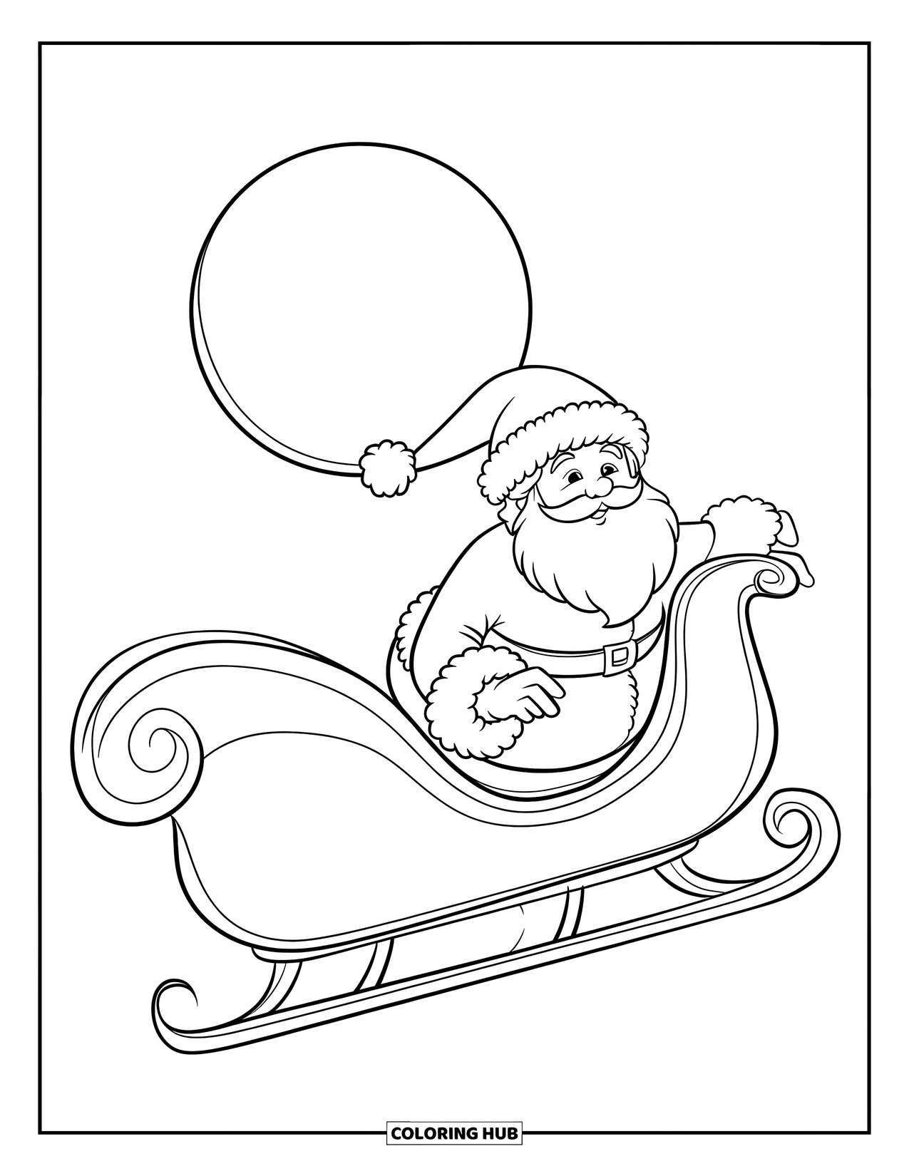 Kolorowanka z Mikołajem dla dzieci: Mikołaj leci saniami po nocnym niebie, ciągnięty przez renifery