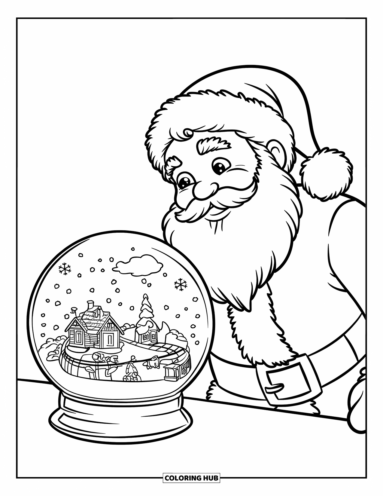 Kolorowanka z Mikołajem dla dzieci: Mikołaj wpatruje się w magiczną śnieżną kulę, obserwując, jak ożywa w środku maleńka wioska