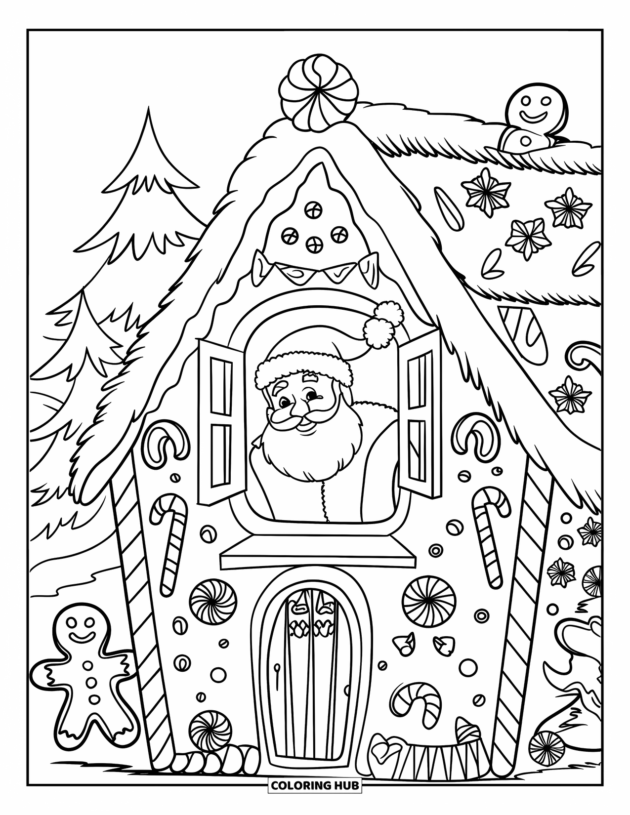 Kolorowanka z Mikołajem dla dzieci: Mikołaj spogląda z piernikowego domku, otoczonego laskami cukrowymi i lukrem