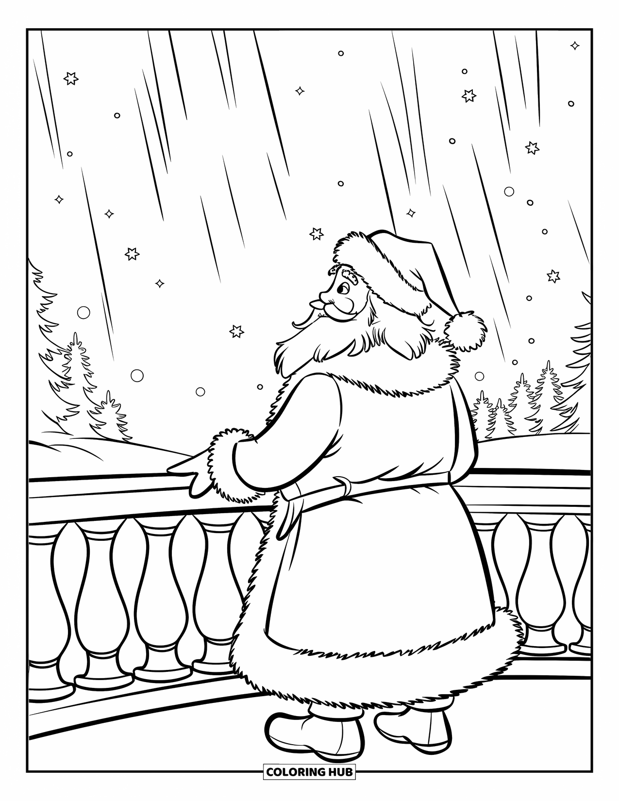 Kolorowanka z Mikołajem dla dzieci: Mikołaj spogląda na zorzę polarną ze śnieżnego balkonu w nocy