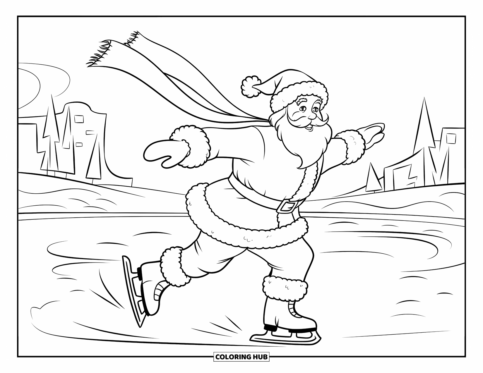 Kolorowanka z Mikołajem dla dzieci: Mikołaj ślizga się po lodzie, a jego długi szalik powiewa za nim podczas jazdy na łyżwach
